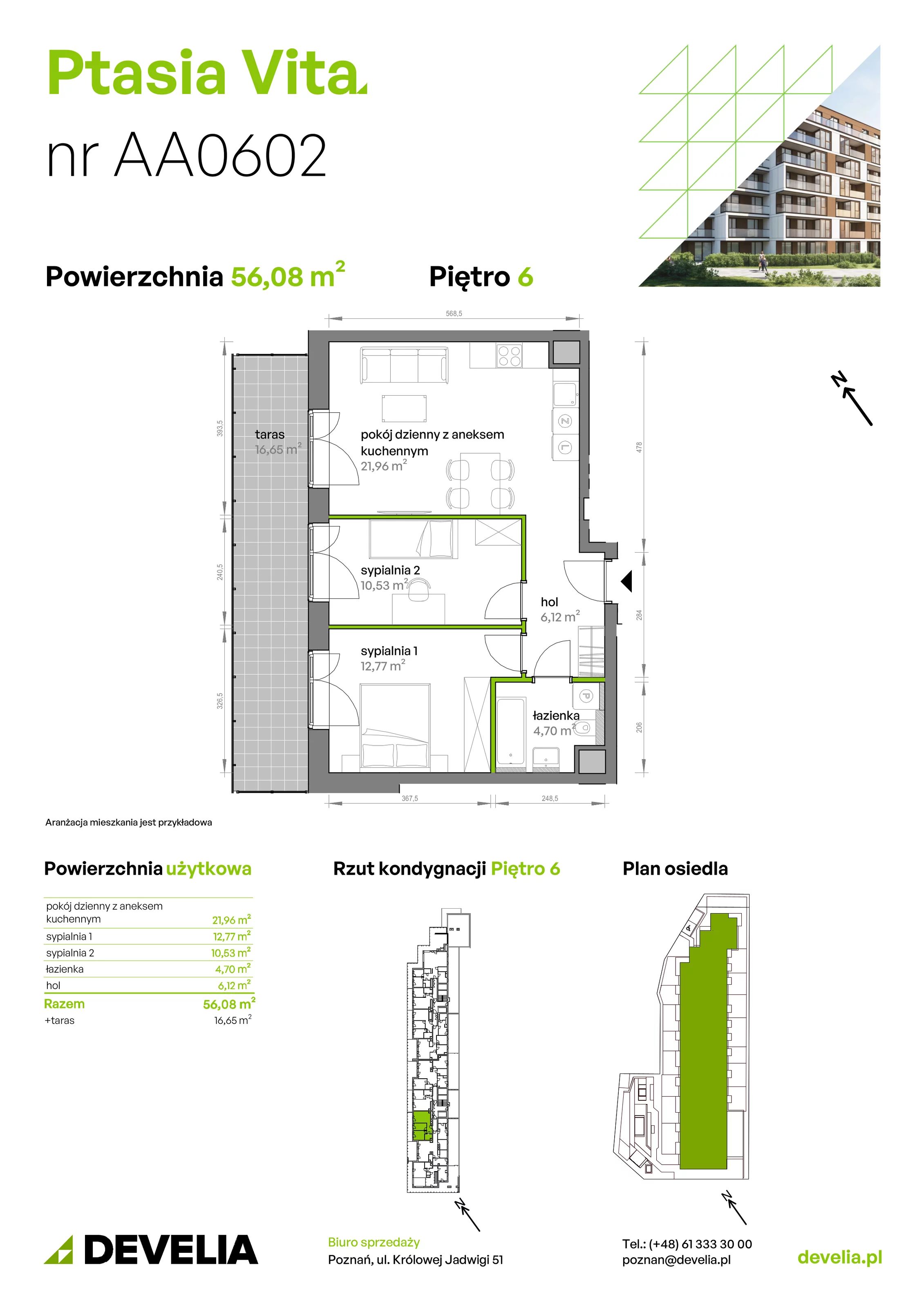 3 pokoje, mieszkanie 56,08 m², piętro 6, oferta nr AA.06.02, Ptasia Vita, Poznań, Grunwald, Grunwald Południe, ul. Ptasia 32