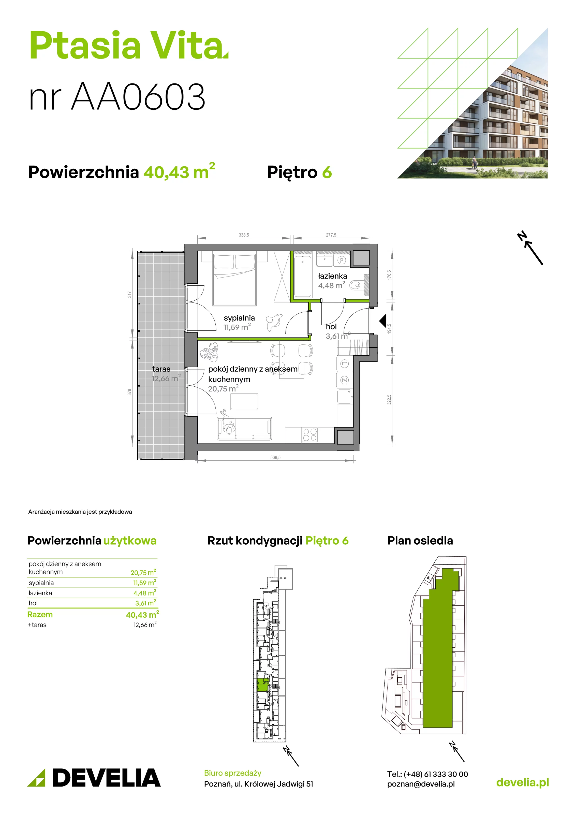 2 pokoje, mieszkanie 40,43 m², piętro 6, oferta nr AA.06.03, Ptasia Vita, Poznań, Grunwald, Grunwald Południe, ul. Ptasia 32