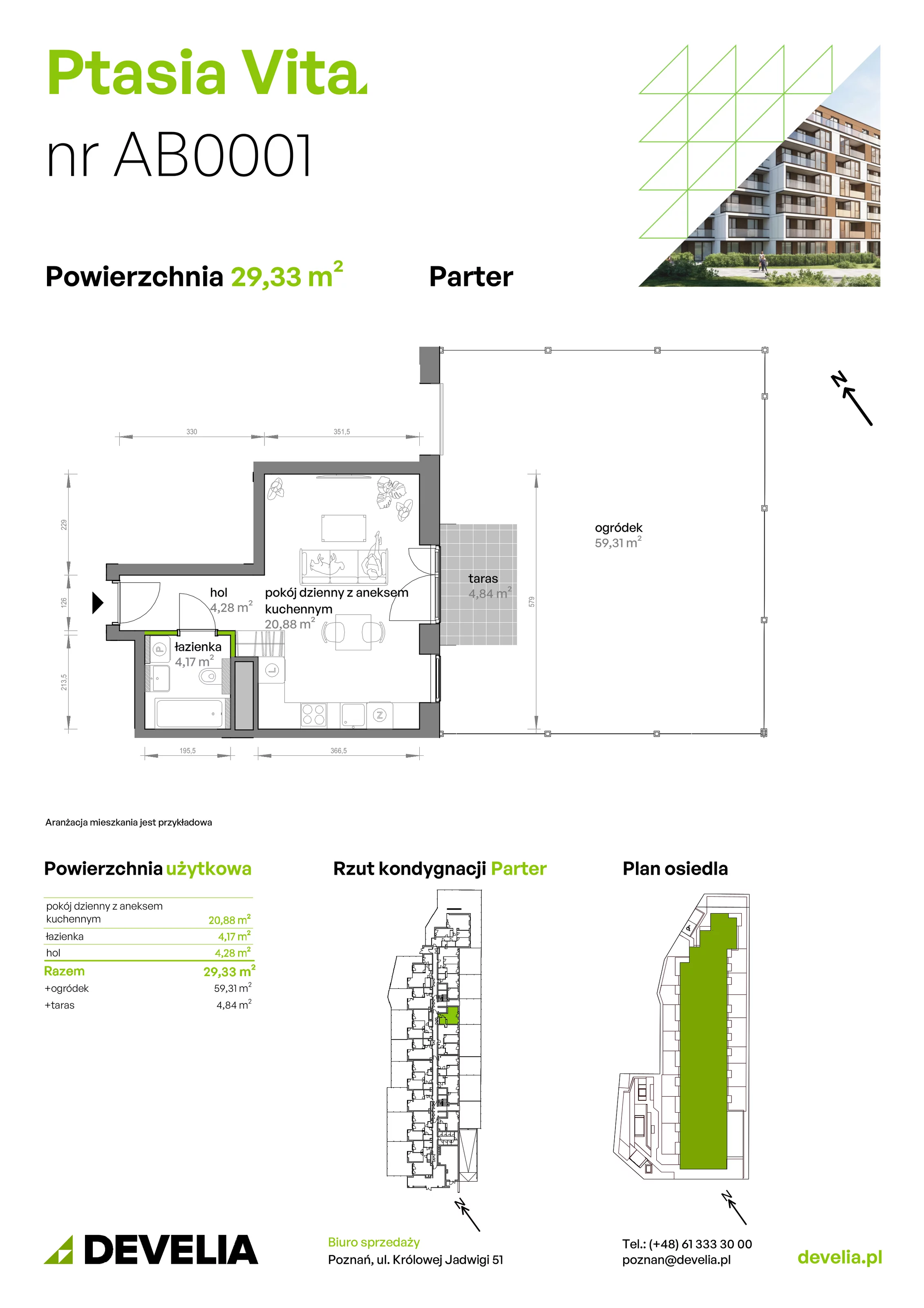 1 pokój, mieszkanie 29,33 m², parter, oferta nr AB.00.01, Ptasia Vita, Poznań, Grunwald, Grunwald Południe, ul. Ptasia 32