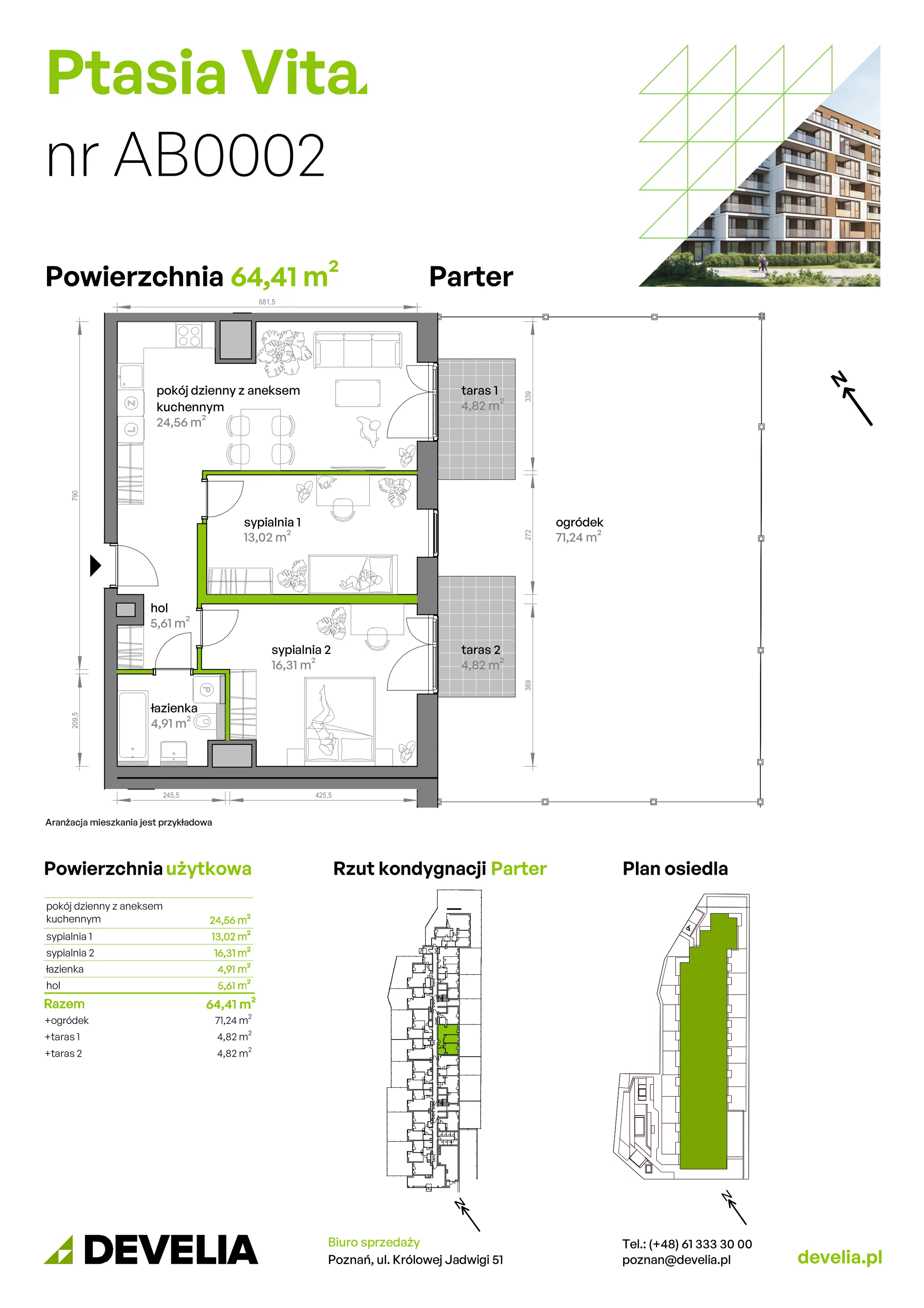 3 pokoje, mieszkanie 64,41 m², parter, oferta nr AB.00.02, Ptasia Vita, Poznań, Grunwald, Grunwald Południe, ul. Ptasia 32
