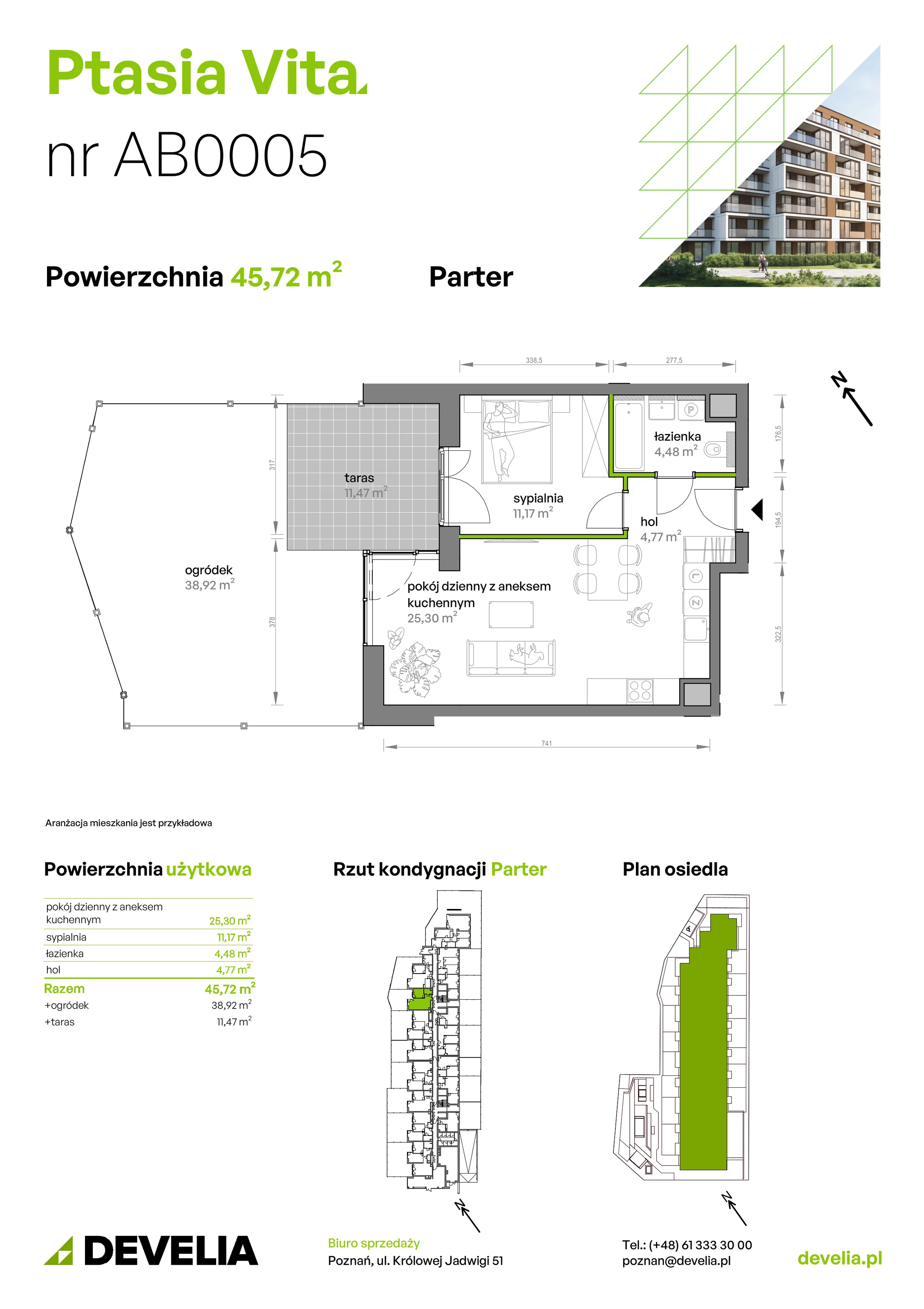 2 pokoje, mieszkanie 45,59 m², piętro 1, oferta nr AA.01.05, Ptasia Vita, Poznań, Grunwald, Grunwald Południe, ul. Ptasia 32