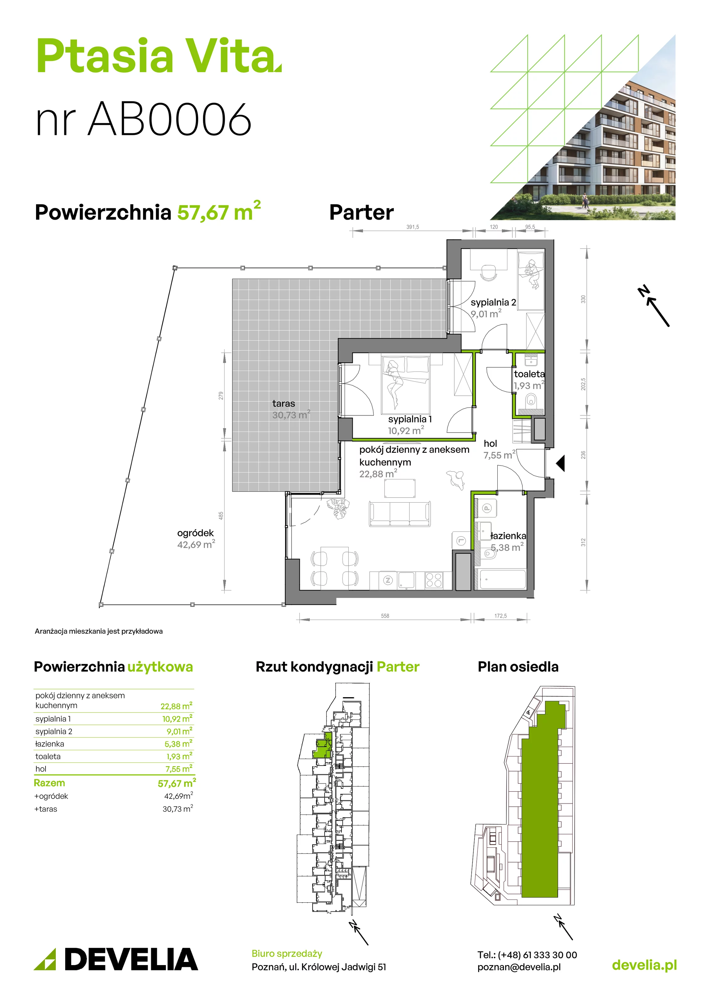3 pokoje, mieszkanie 57,67 m², parter, oferta nr AB.00.06, Ptasia Vita, Poznań, Grunwald, Grunwald Południe, ul. Ptasia 32