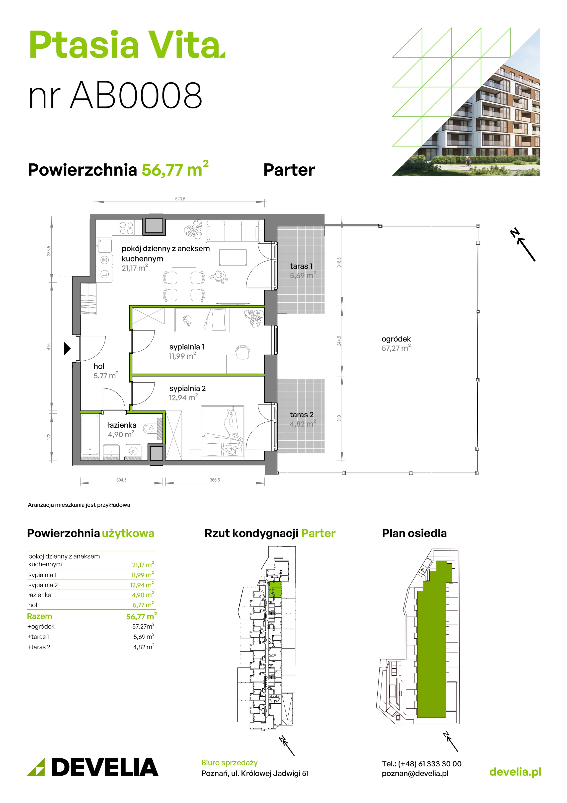 3 pokoje, mieszkanie 56,77 m², parter, oferta nr AB.00.08, Ptasia Vita, Poznań, Grunwald, Grunwald Południe, ul. Ptasia 32