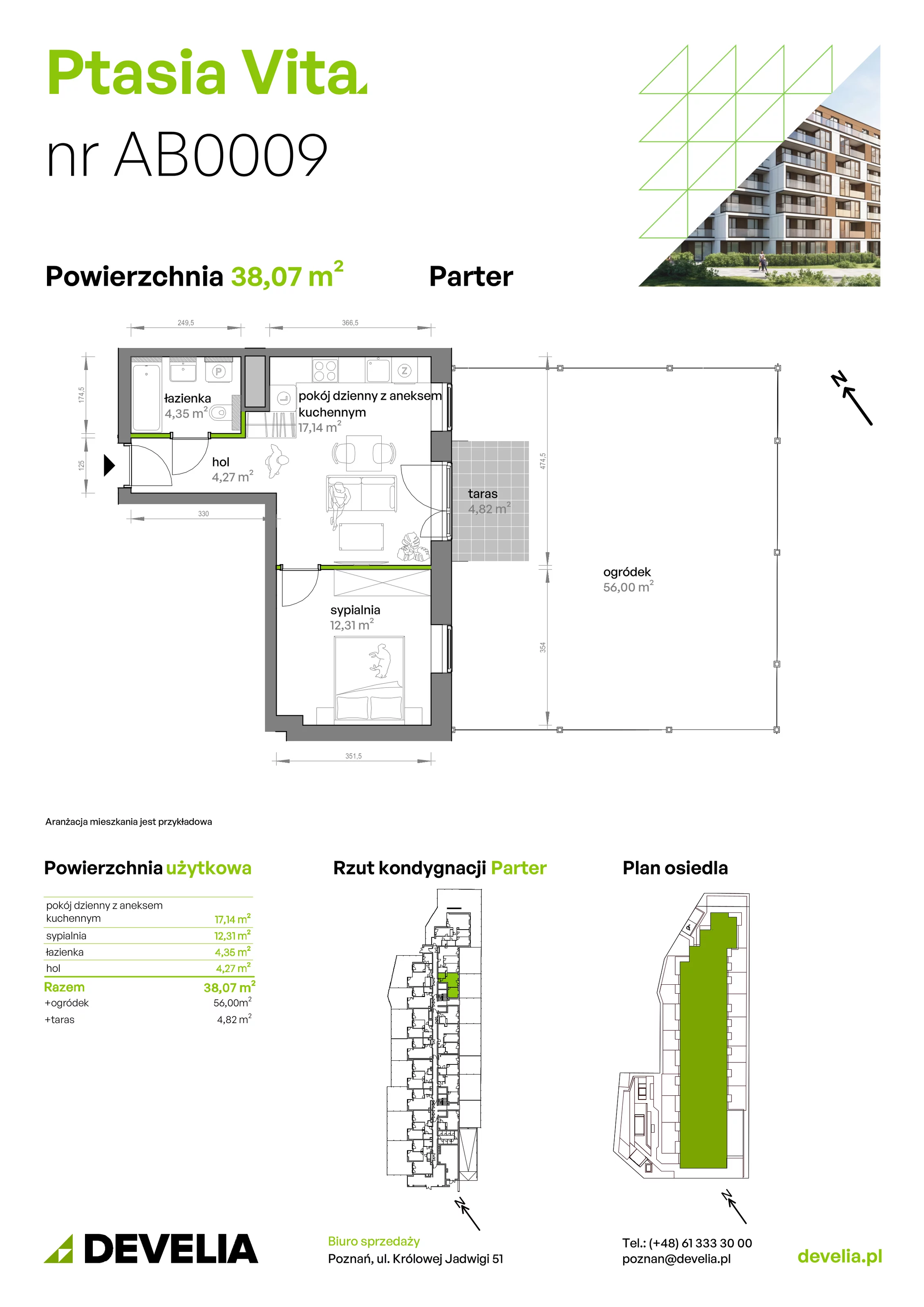 2 pokoje, mieszkanie 38,07 m², parter, oferta nr AB.00.09, Ptasia Vita, Poznań, Grunwald, Grunwald Południe, ul. Ptasia 32