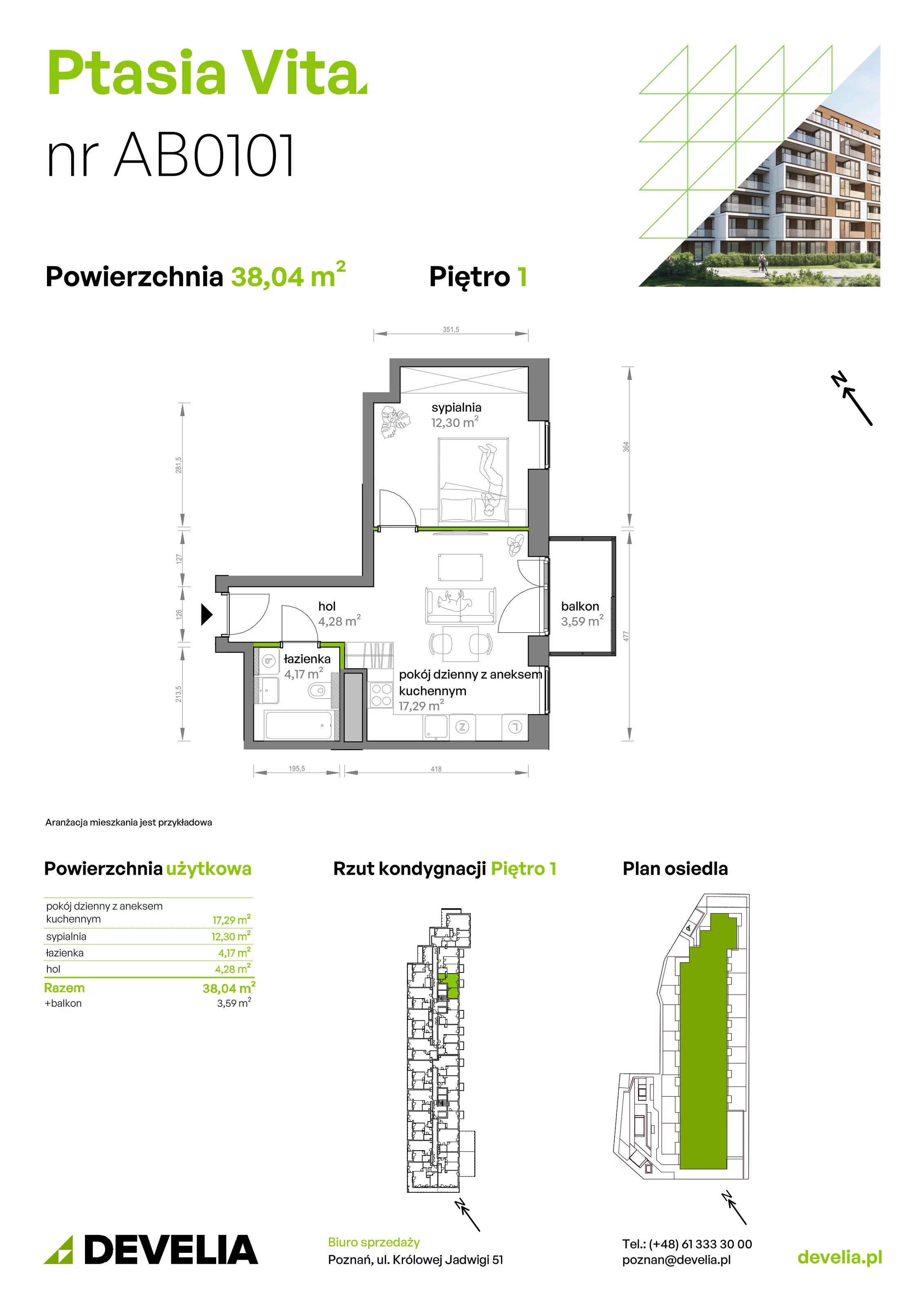 2 pokoje, mieszkanie 38,04 m², piętro 1, oferta nr AB.01.01, Ptasia Vita, Poznań, Grunwald, Grunwald Południe, ul. Ptasia 32
