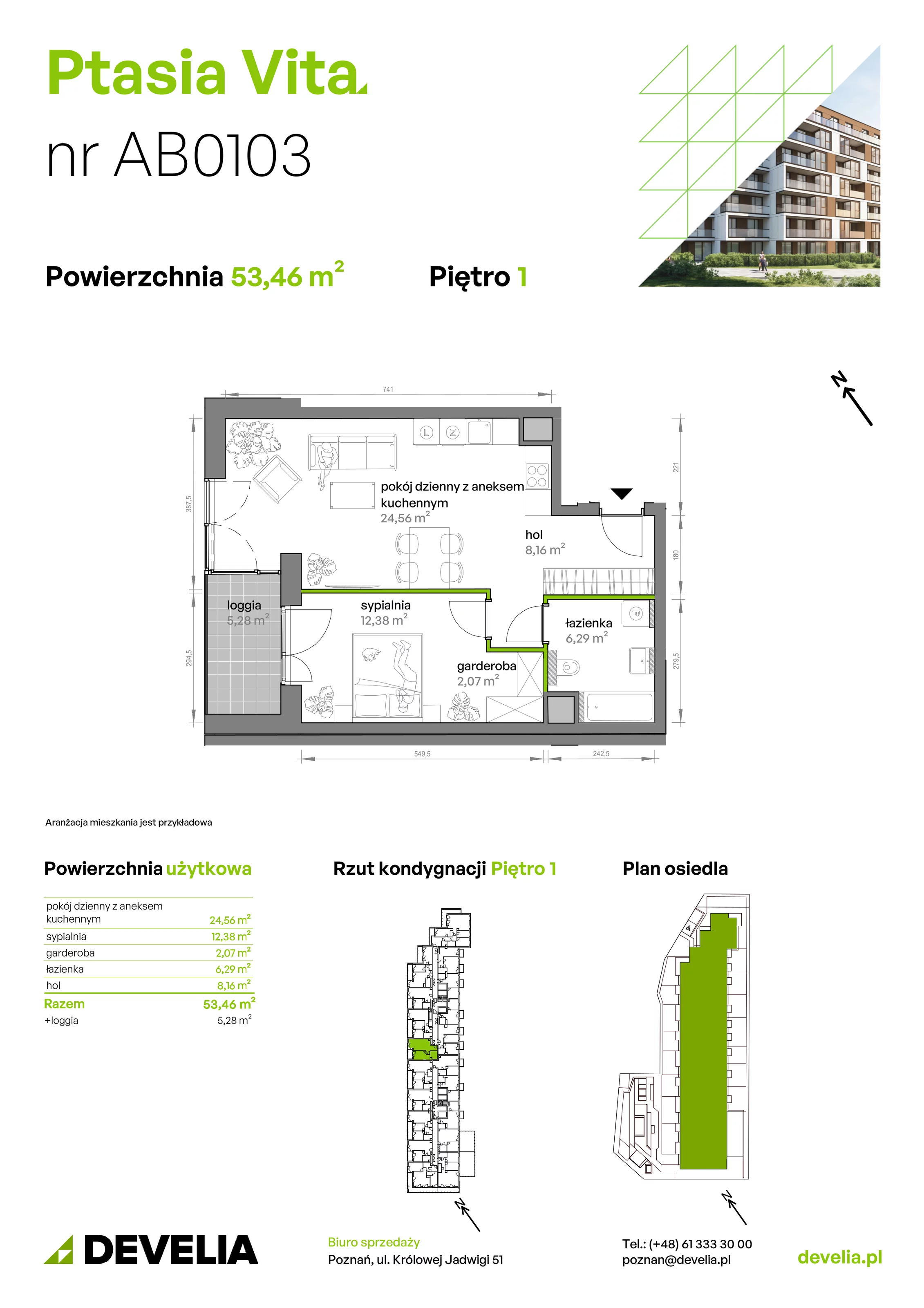 2 pokoje, mieszkanie 53,46 m², piętro 1, oferta nr AB.01.03, Ptasia Vita, Poznań, Grunwald, Grunwald Południe, ul. Ptasia 32