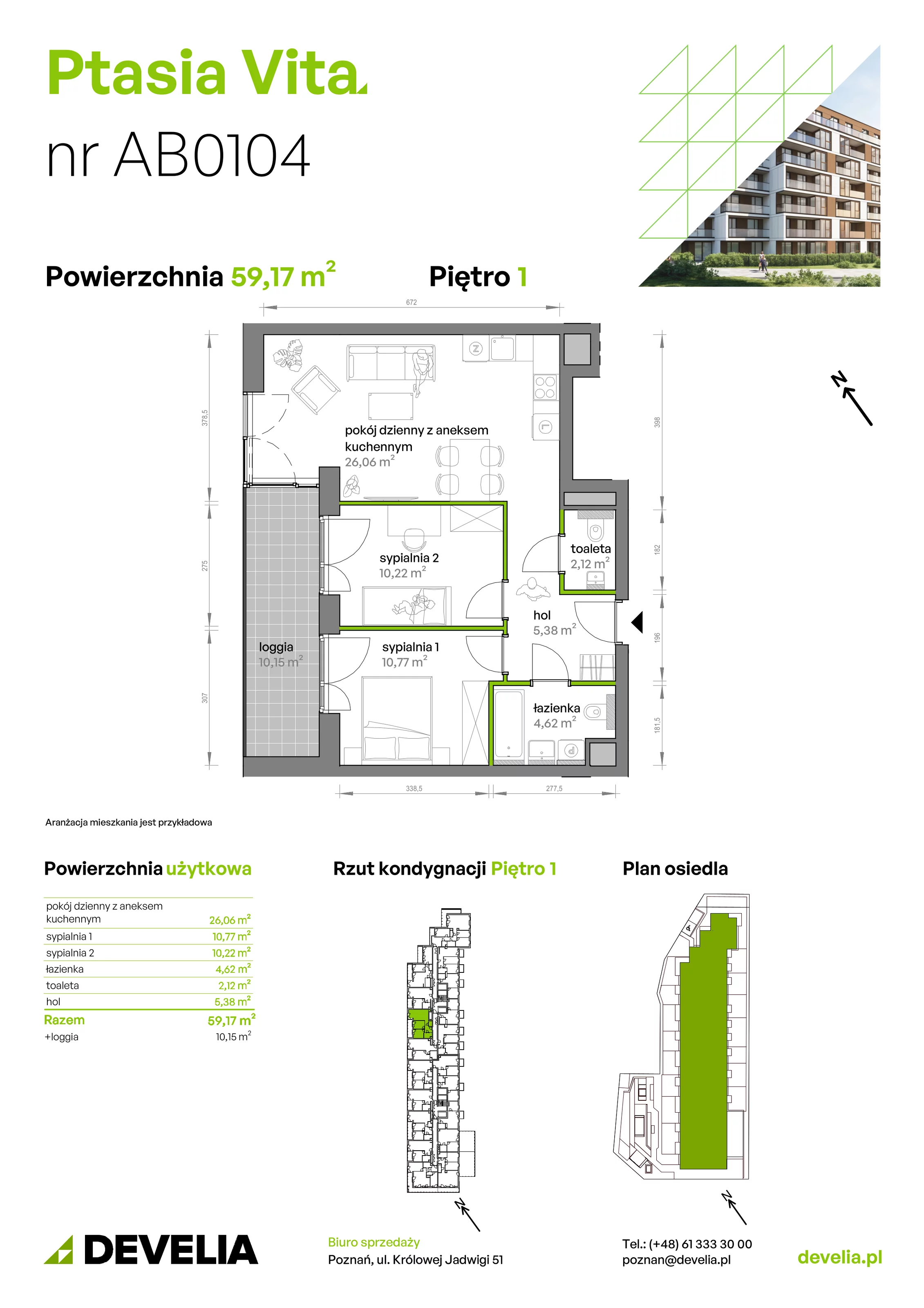 3 pokoje, mieszkanie 59,17 m², piętro 1, oferta nr AB.01.04, Ptasia Vita, Poznań, Grunwald, Grunwald Południe, ul. Ptasia 32