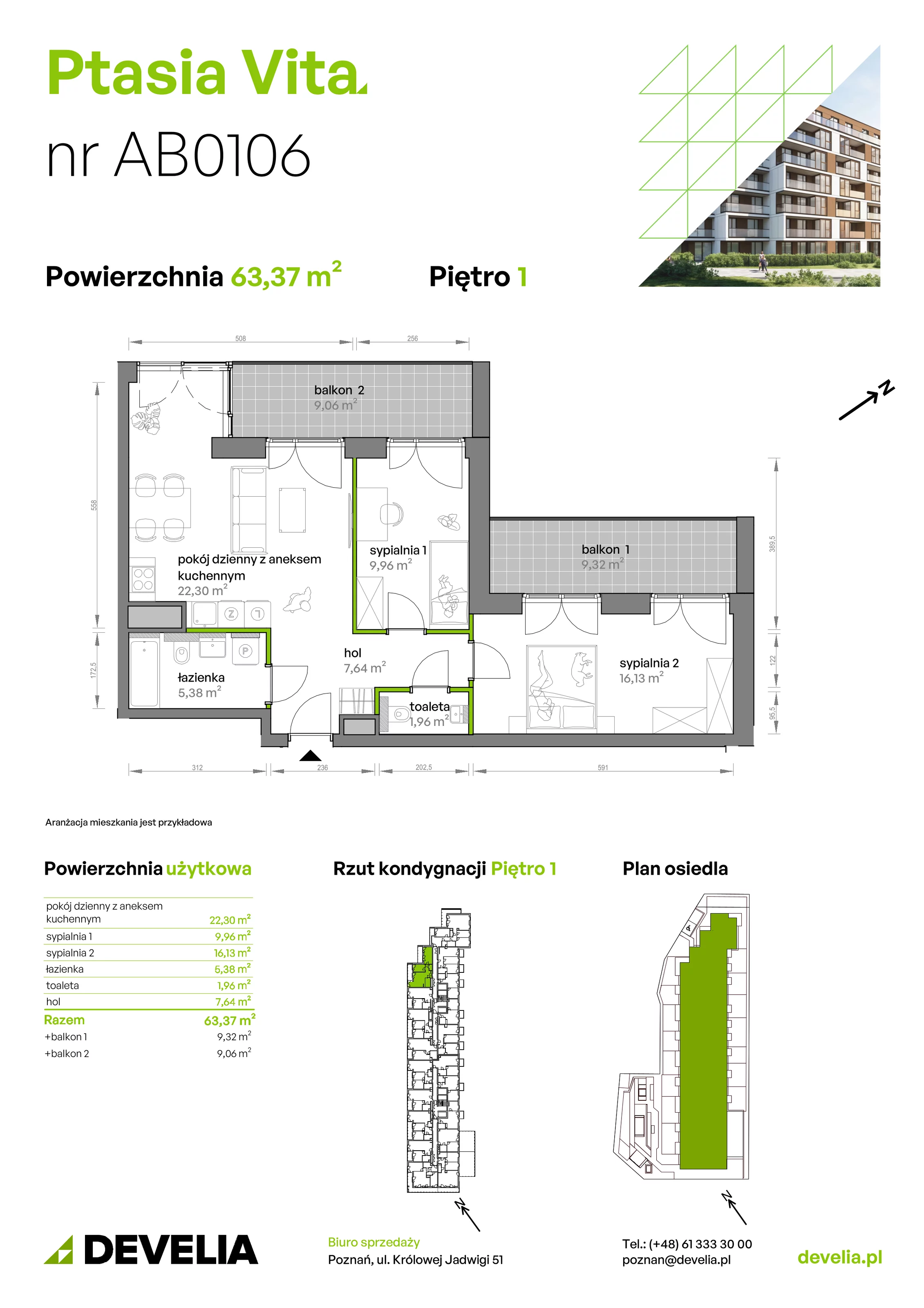 3 pokoje, mieszkanie 63,37 m², piętro 1, oferta nr AB.01.06, Ptasia Vita, Poznań, Grunwald, Grunwald Południe, ul. Ptasia 32