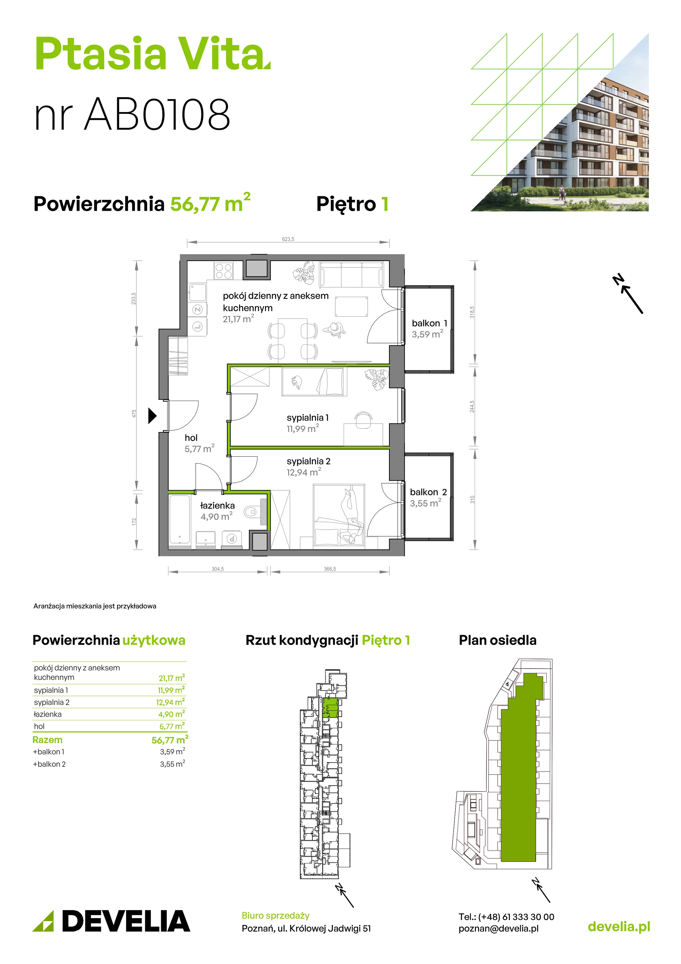 3 pokoje, mieszkanie 56,77 m², piętro 1, oferta nr AB.01.08, Ptasia Vita, Poznań, Grunwald, Grunwald Południe, ul. Ptasia 32