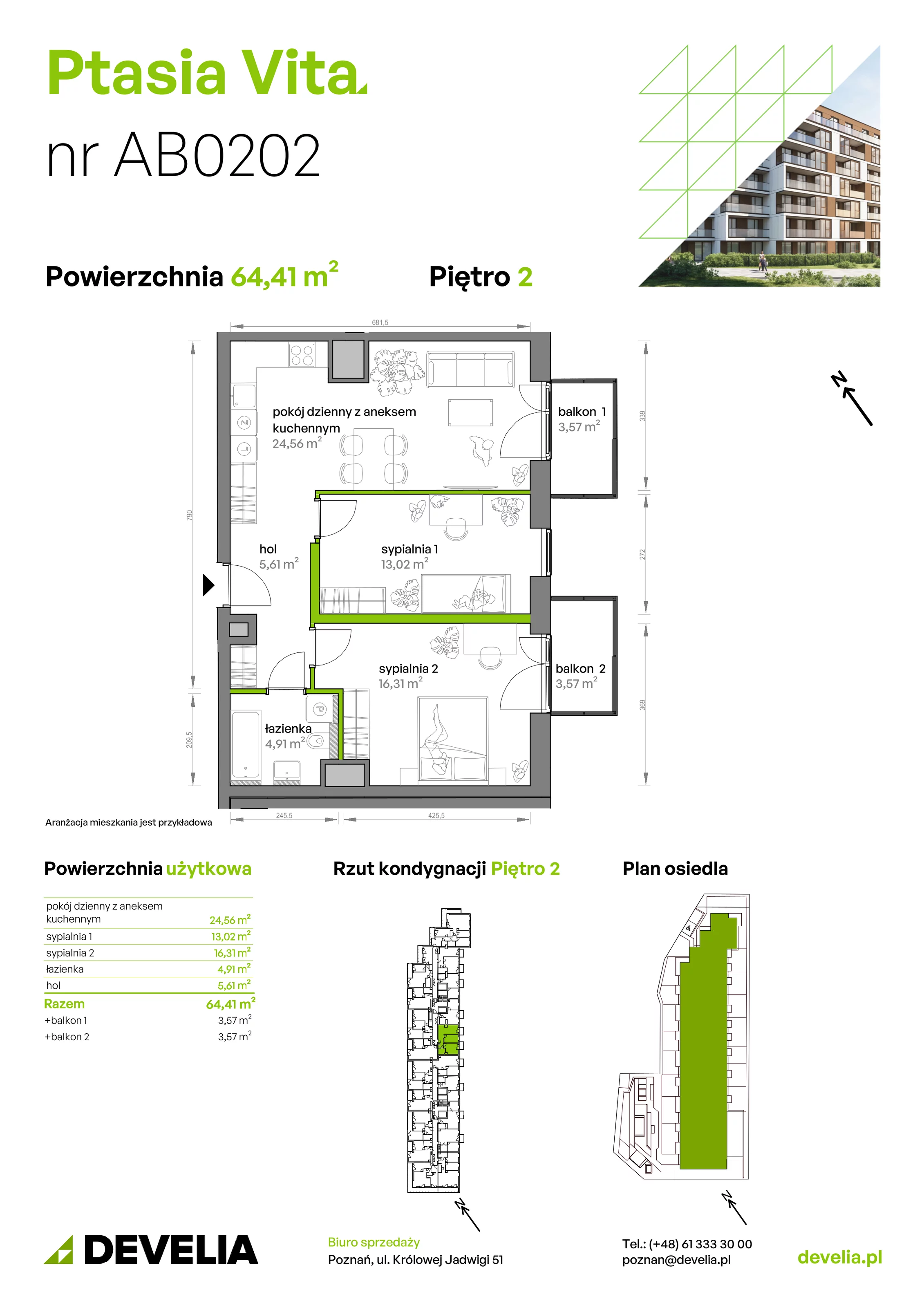 3 pokoje, mieszkanie 64,41 m², piętro 2, oferta nr AB.02.02, Ptasia Vita, Poznań, Grunwald, Grunwald Południe, ul. Ptasia 32