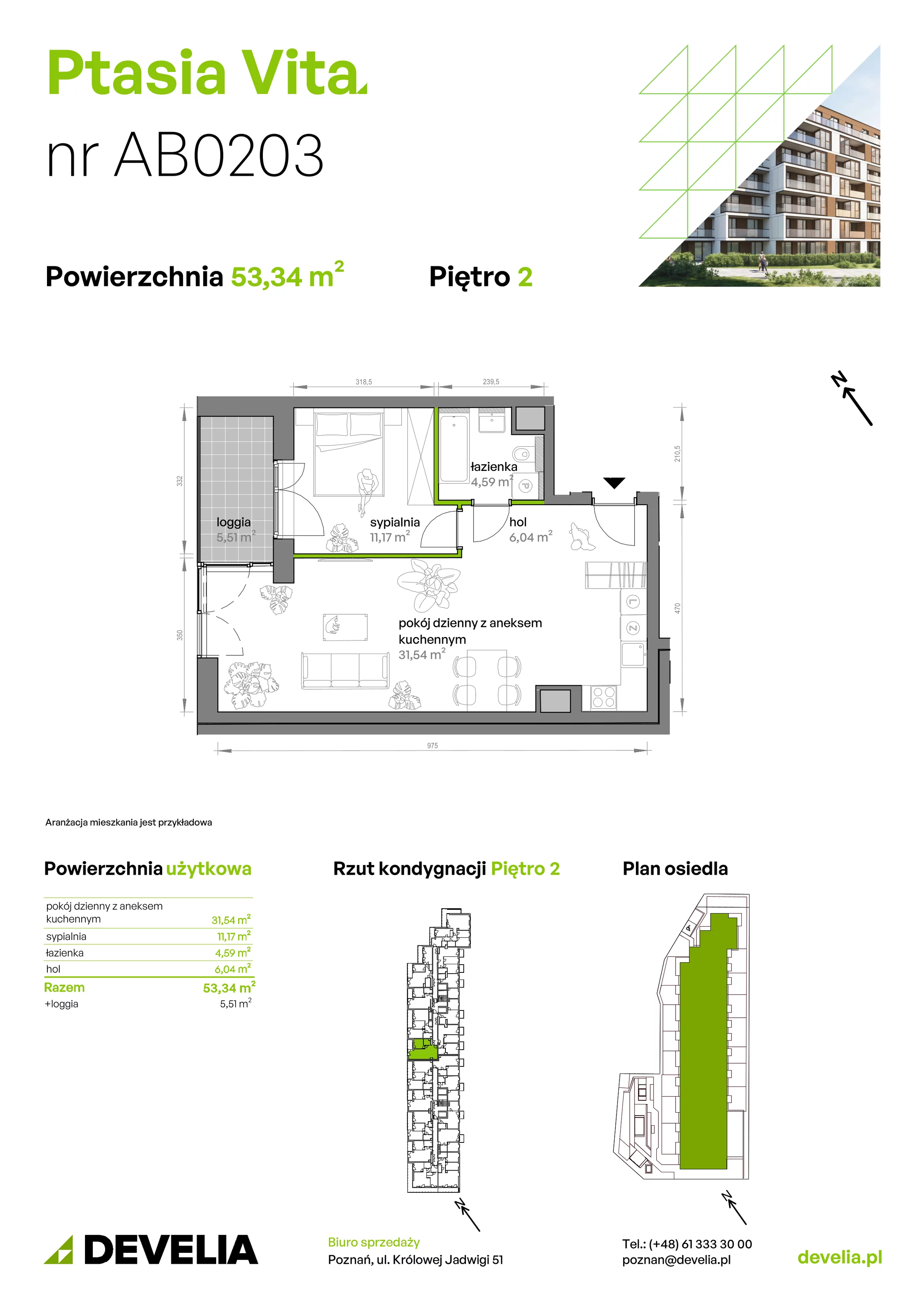 2 pokoje, mieszkanie 53,34 m², piętro 2, oferta nr AB.02.03, Ptasia Vita, Poznań, Grunwald, Grunwald Południe, ul. Ptasia 32