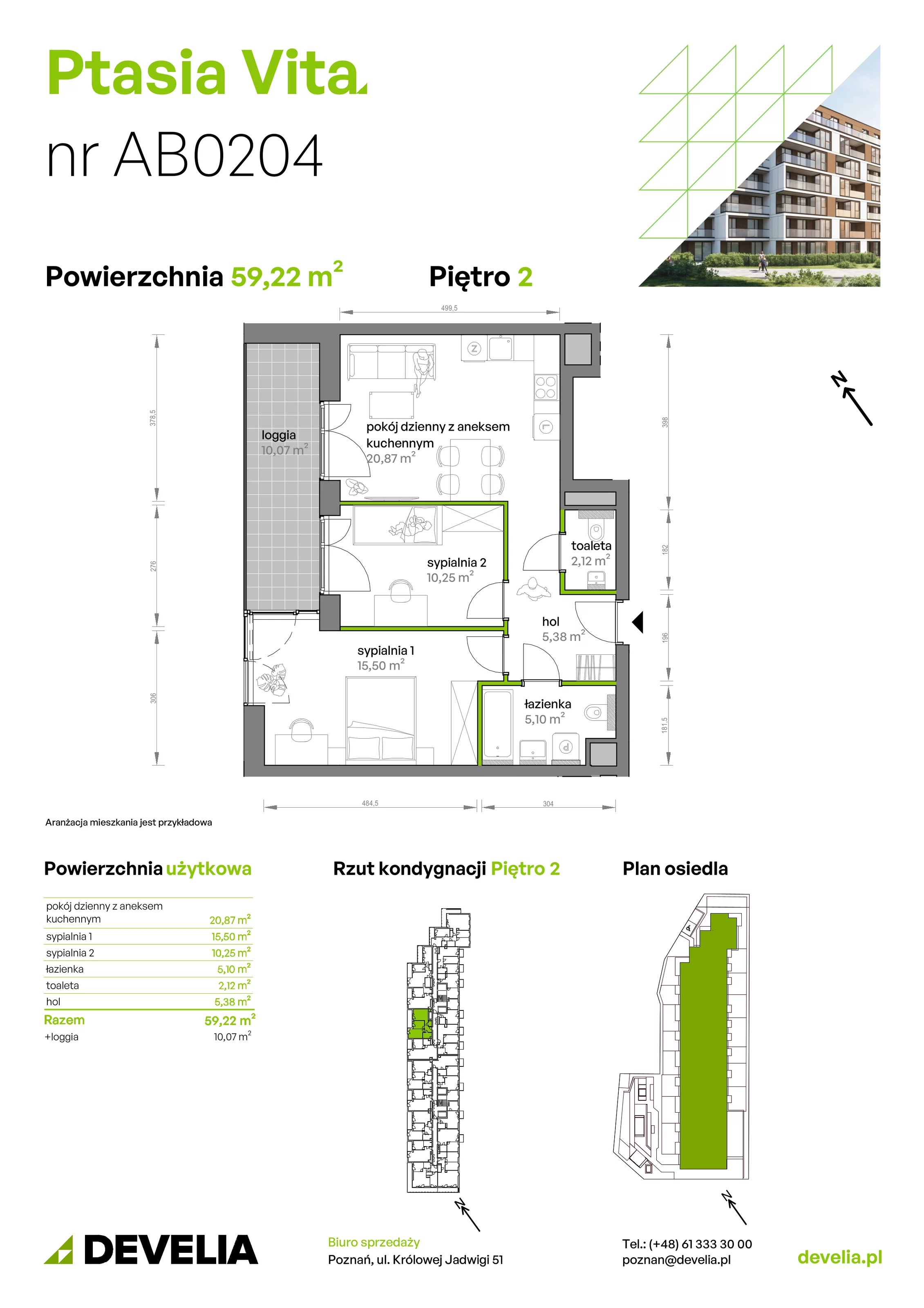3 pokoje, mieszkanie 59,22 m², piętro 2, oferta nr AB.02.04, Ptasia Vita, Poznań, Grunwald, Grunwald Południe, ul. Ptasia 32