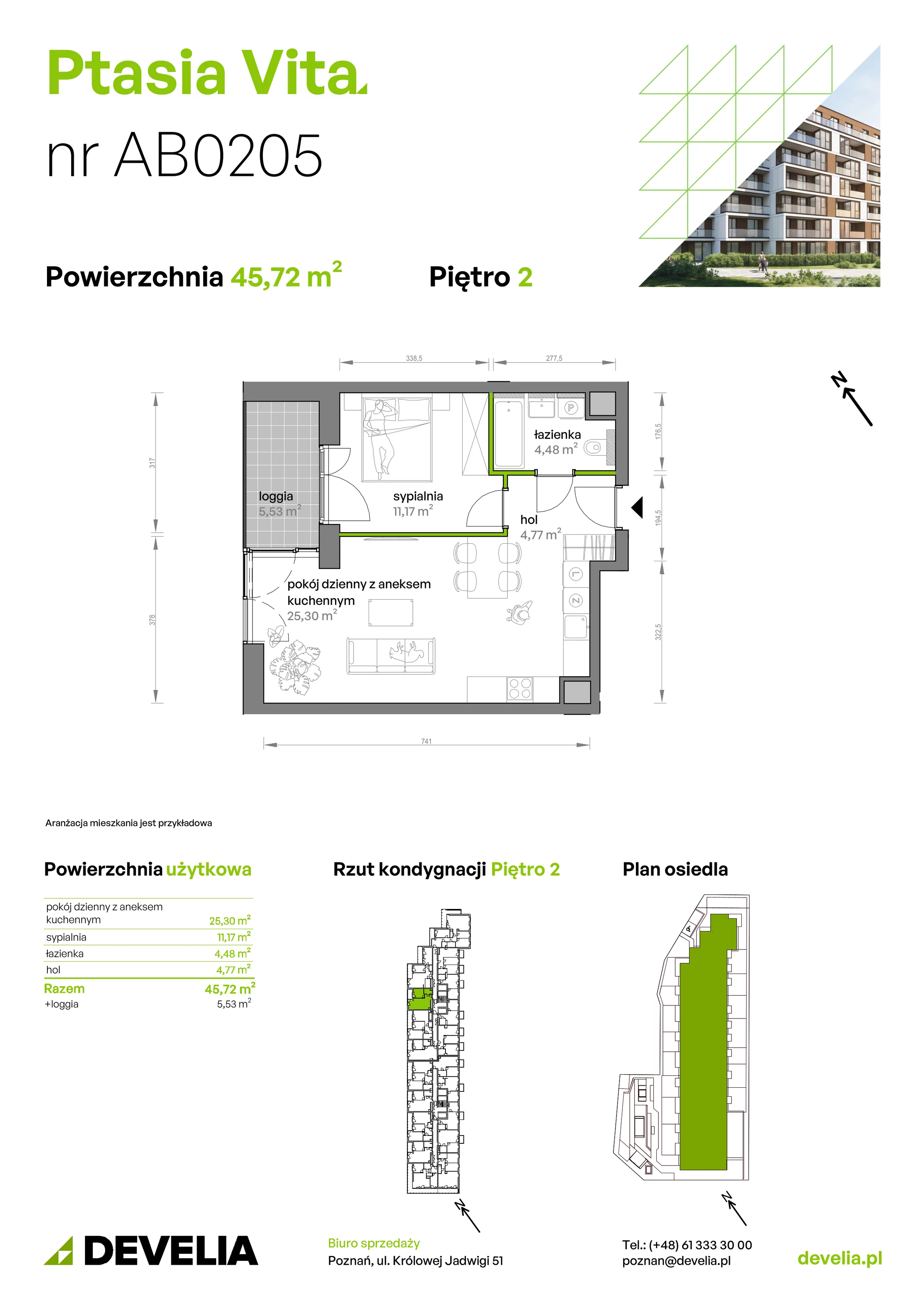 2 pokoje, mieszkanie 45,72 m², piętro 2, oferta nr AB.02.05, Ptasia Vita, Poznań, Grunwald, Grunwald Południe, ul. Ptasia 32