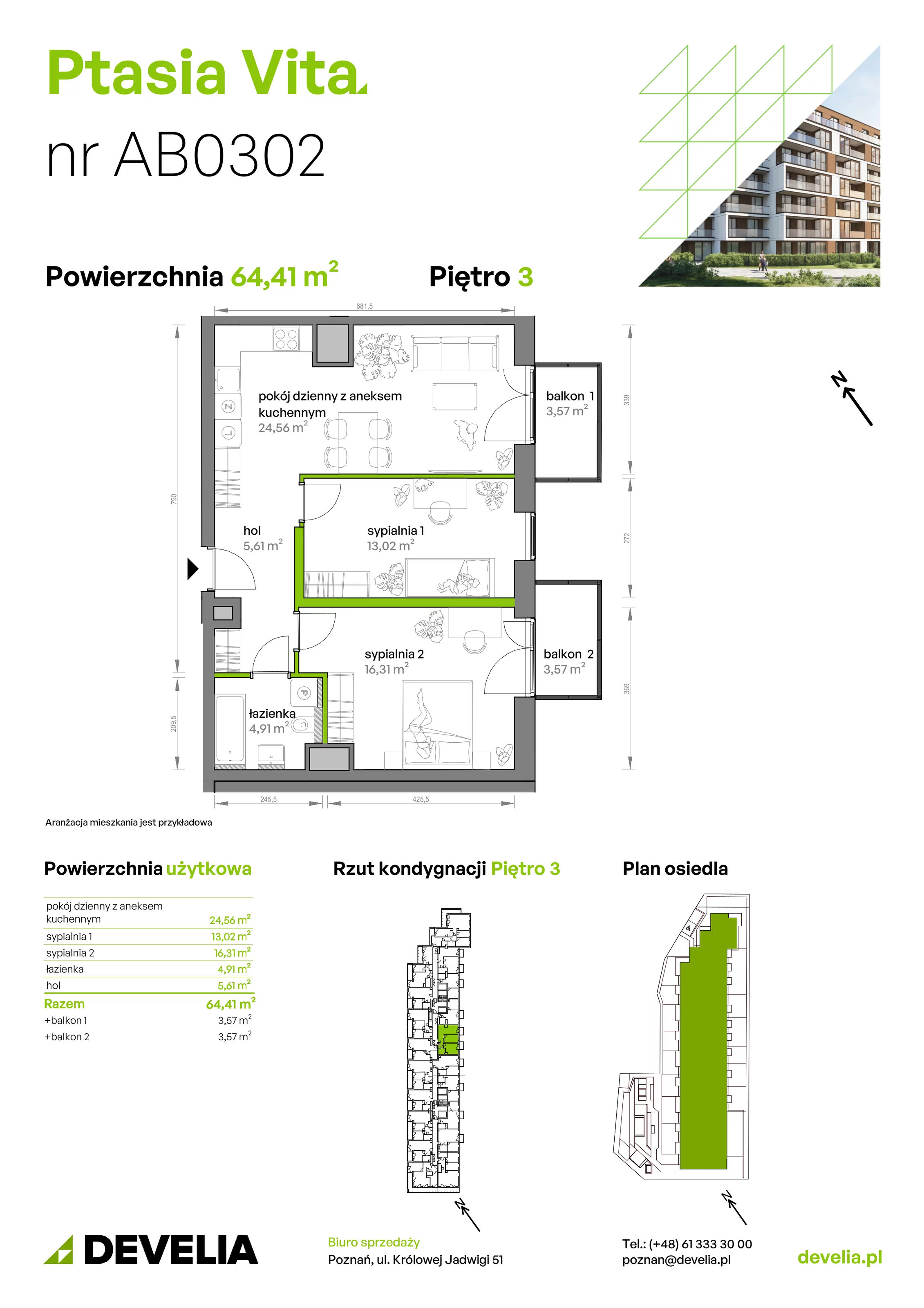 3 pokoje, mieszkanie 64,41 m², piętro 3, oferta nr AB.03.02, Ptasia Vita, Poznań, Grunwald, Grunwald Południe, ul. Ptasia 32