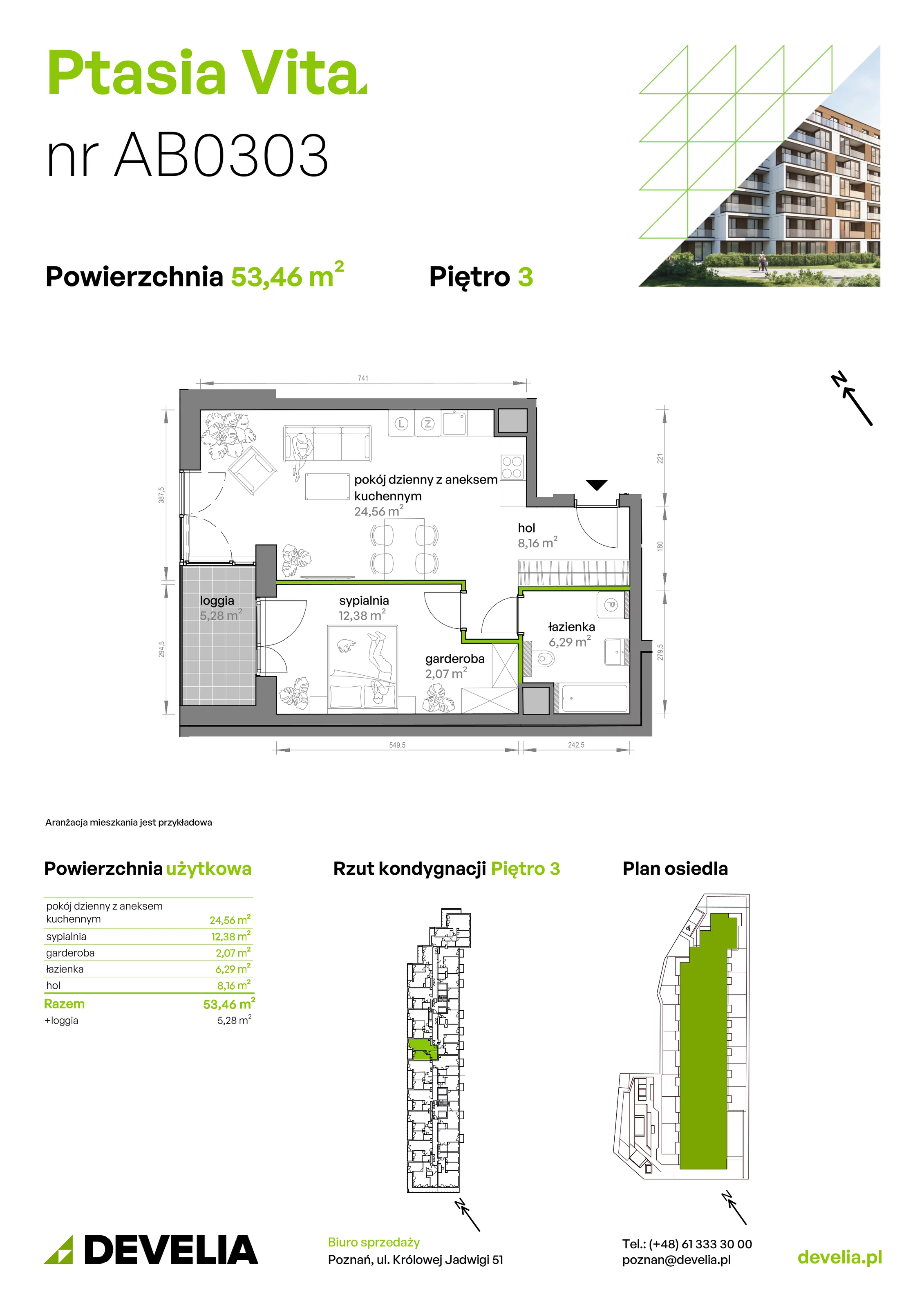 2 pokoje, mieszkanie 53,46 m², piętro 3, oferta nr AB.03.03, Ptasia Vita, Poznań, Grunwald, Grunwald Południe, ul. Ptasia 32
