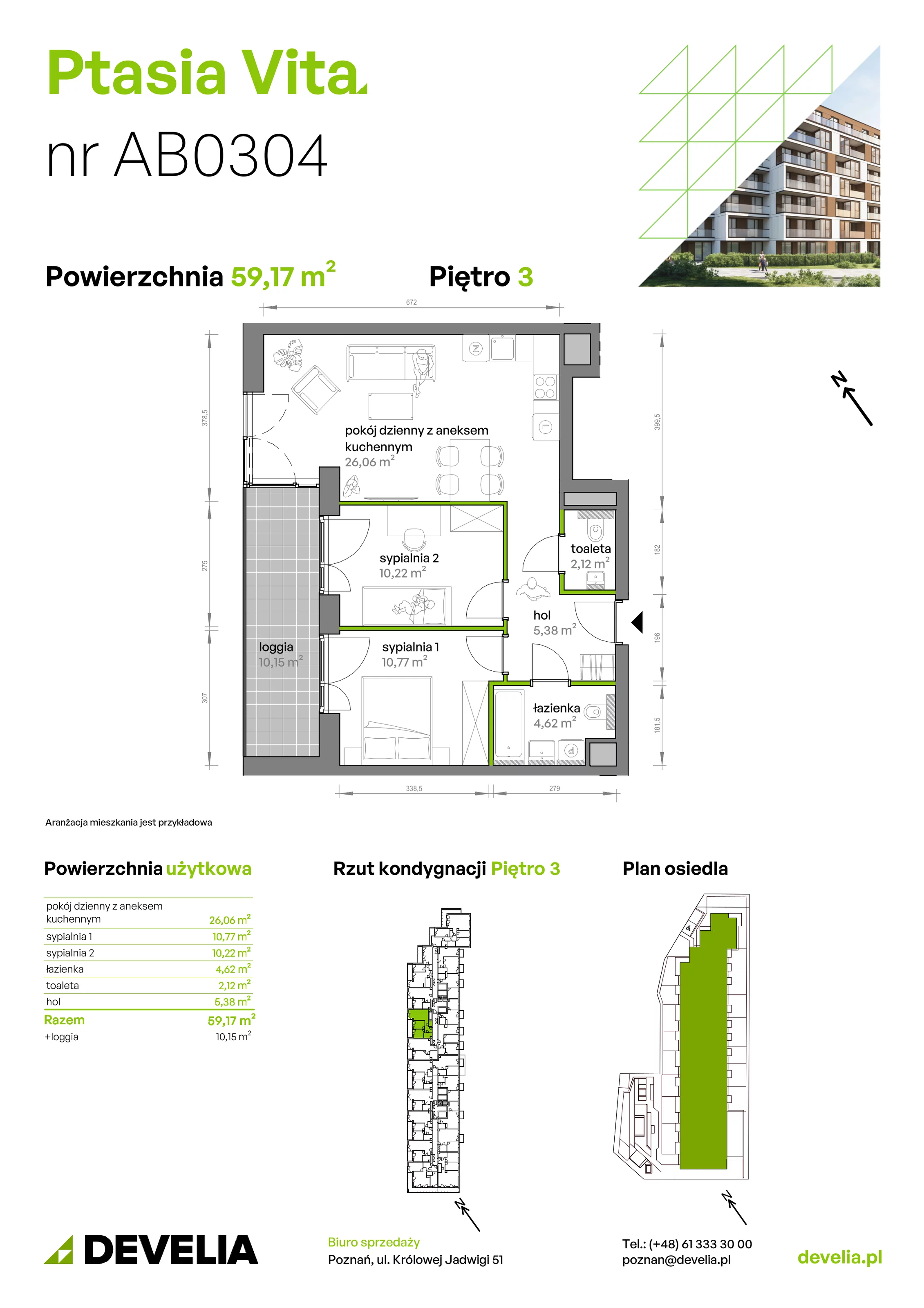 3 pokoje, mieszkanie 59,17 m², piętro 3, oferta nr AB.03.04, Ptasia Vita, Poznań, Grunwald, Grunwald Południe, ul. Ptasia 32