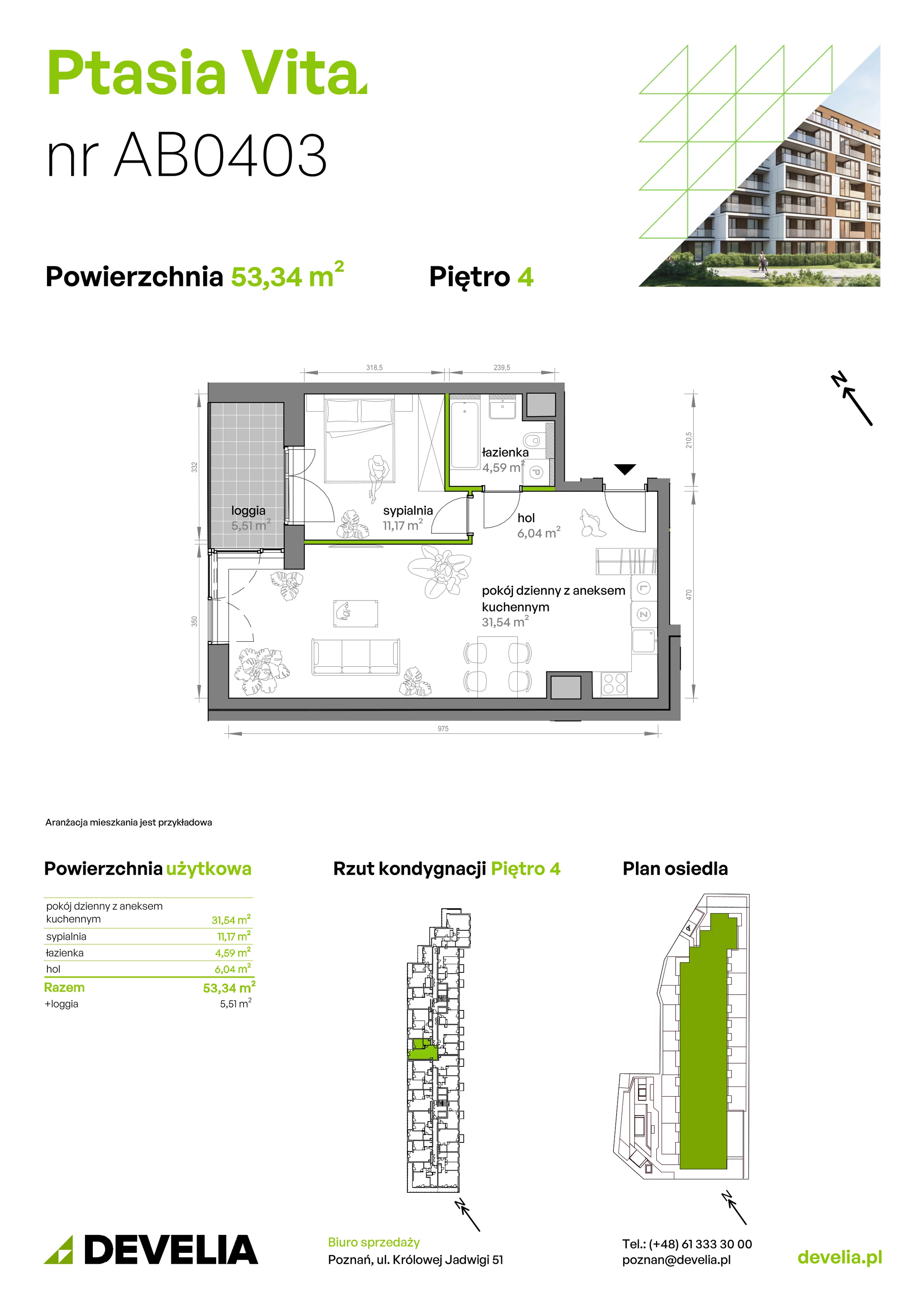 2 pokoje, mieszkanie 53,34 m², piętro 4, oferta nr AB.04.03, Ptasia Vita, Poznań, Grunwald, Grunwald Południe, ul. Ptasia 32