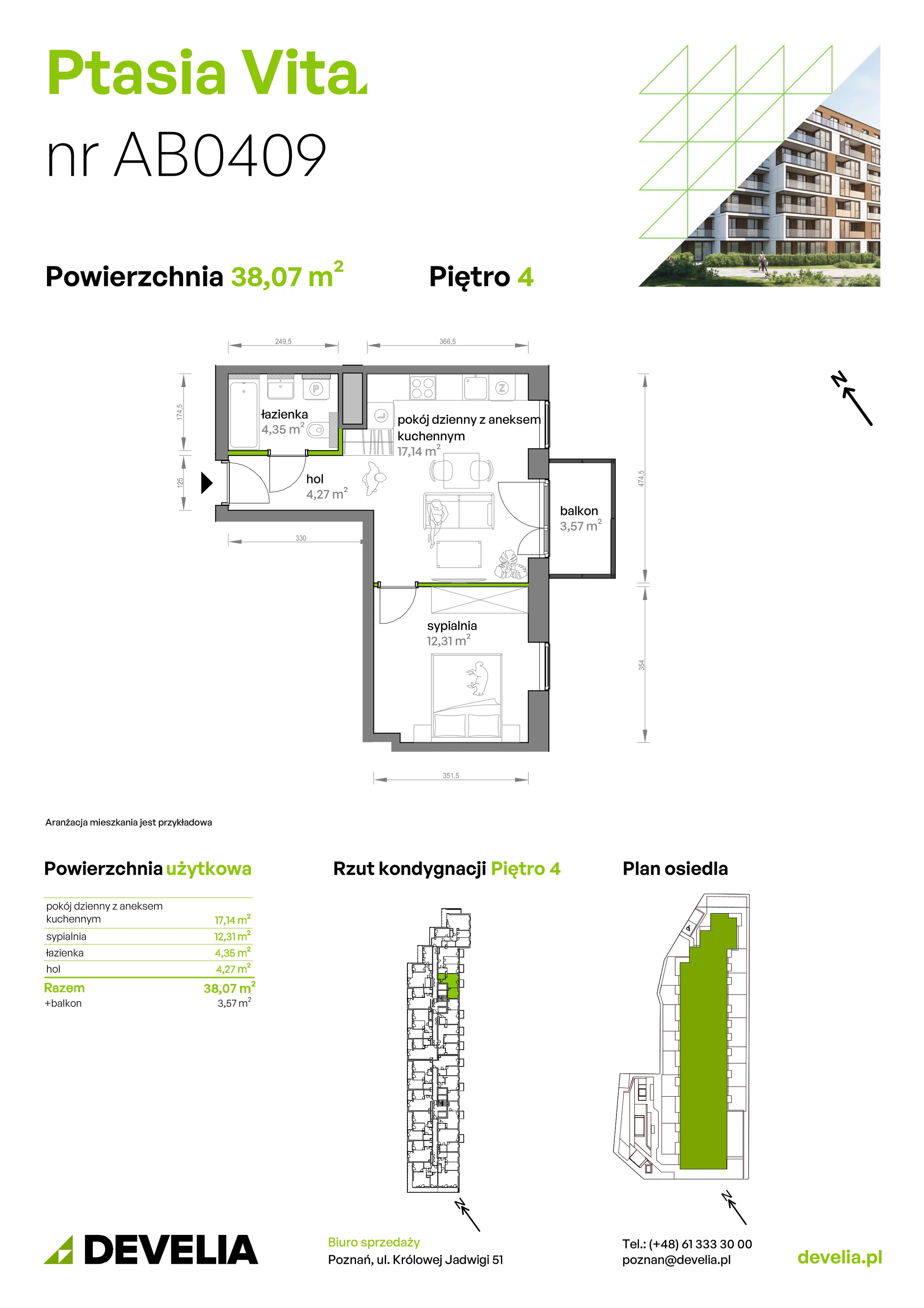 2 pokoje, mieszkanie 38,07 m², piętro 4, oferta nr AB.04.09, Ptasia Vita, Poznań, Grunwald, Grunwald Południe, ul. Ptasia 32