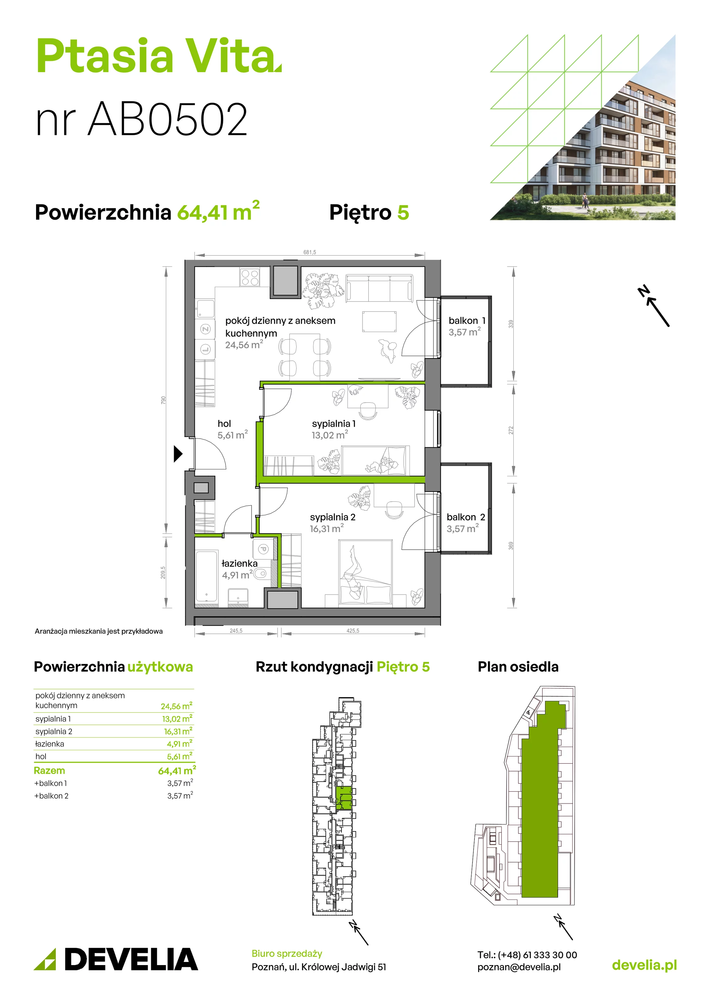3 pokoje, mieszkanie 64,41 m², piętro 5, oferta nr AB.05.02, Ptasia Vita, Poznań, Grunwald, Grunwald Południe, ul. Ptasia 32