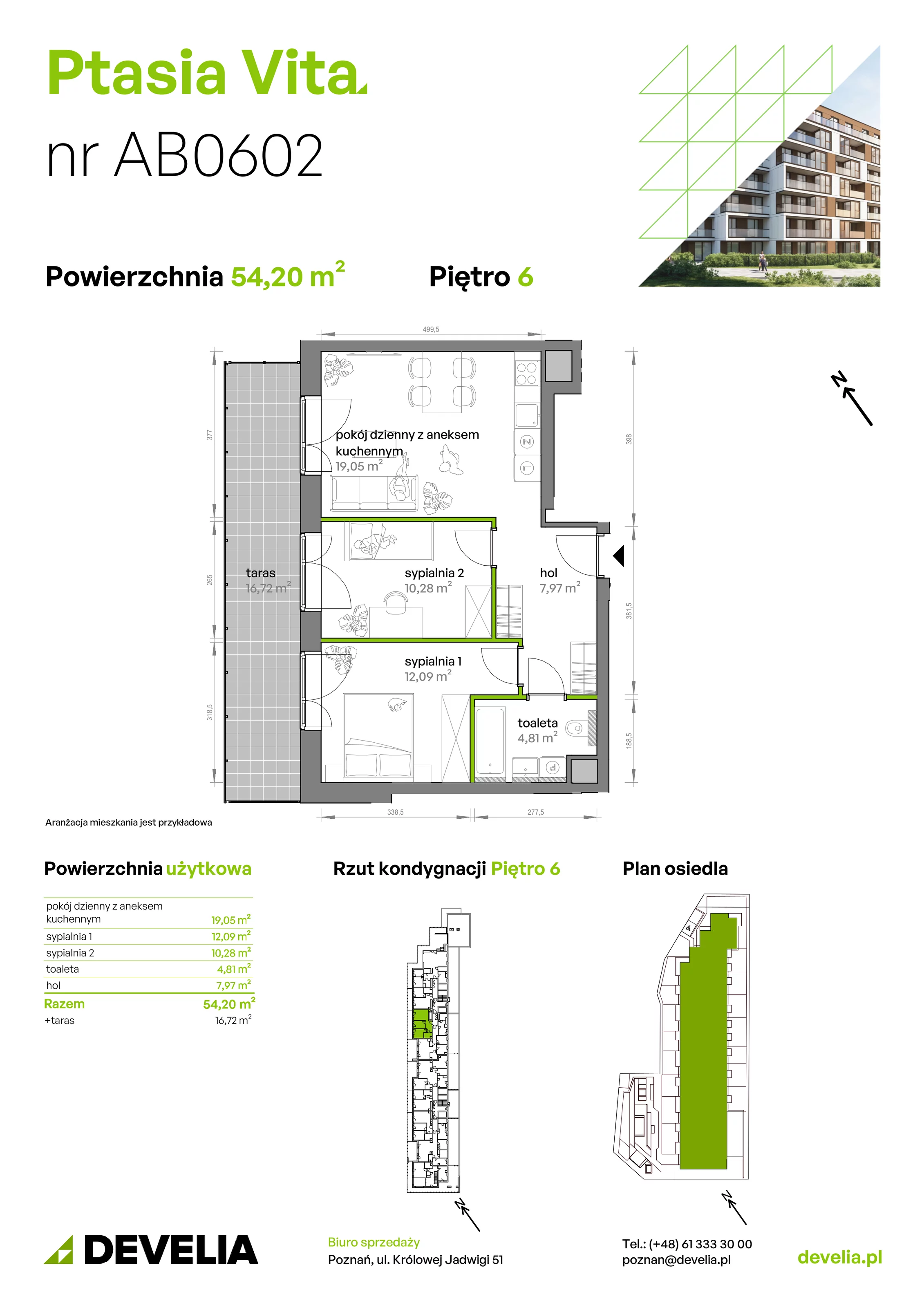 3 pokoje, mieszkanie 54,20 m², piętro 6, oferta nr AB.06.02, Ptasia Vita, Poznań, Grunwald, Grunwald Południe, ul. Ptasia 32