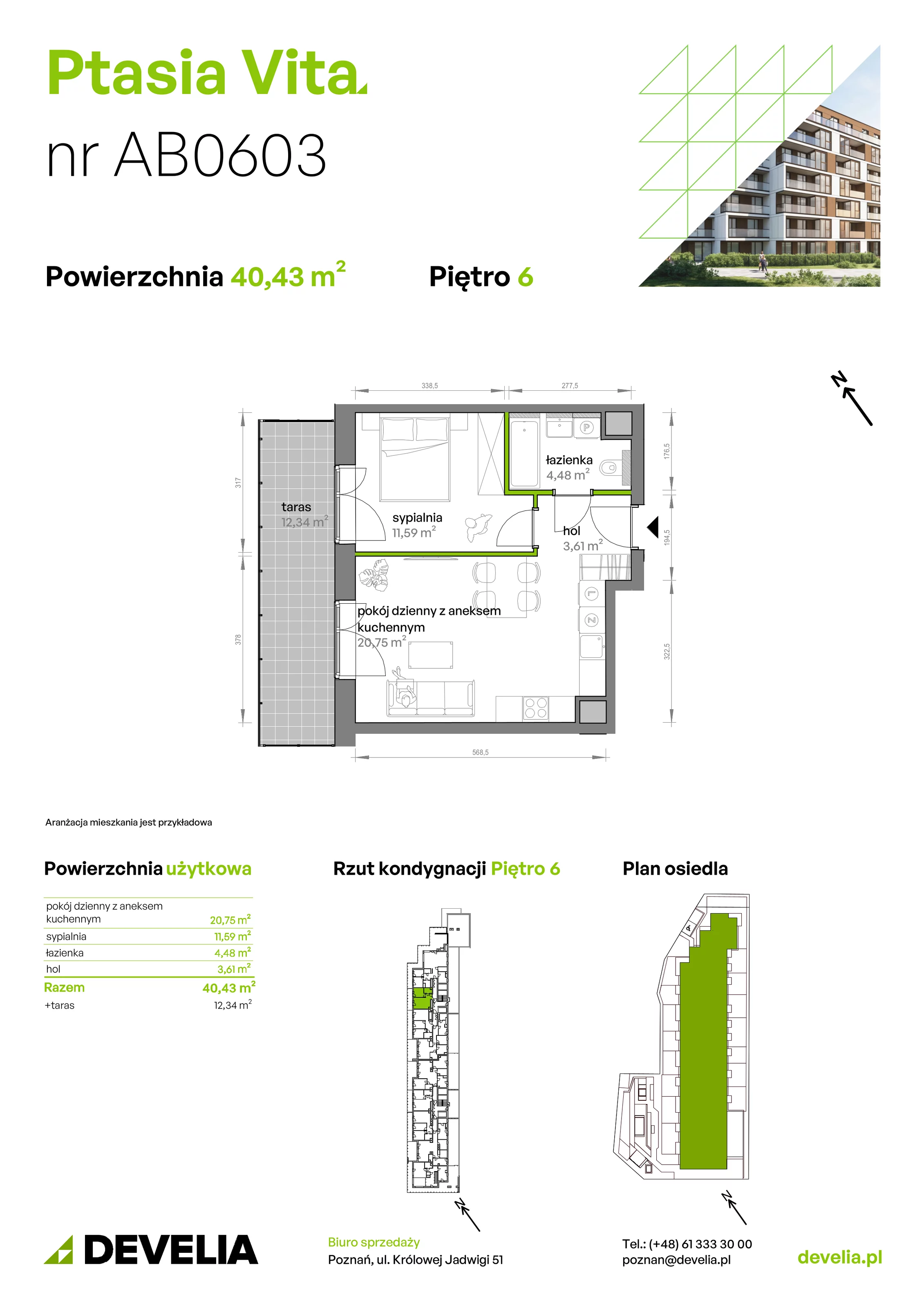 2 pokoje, mieszkanie 40,43 m², piętro 6, oferta nr AB.06.03, Ptasia Vita, Poznań, Grunwald, Grunwald Południe, ul. Ptasia 32