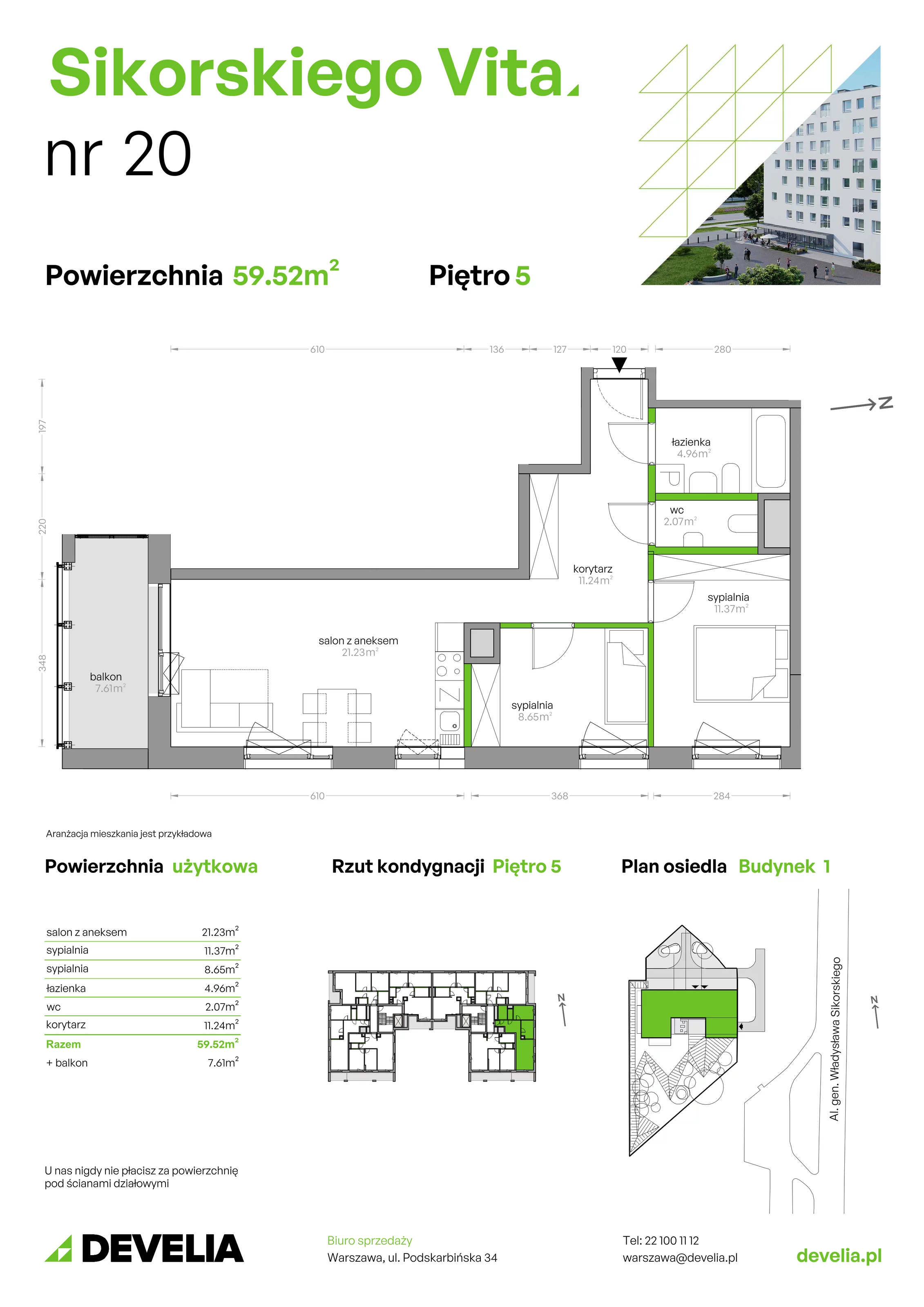 3 pokoje, mieszkanie 59,52 m², piętro 5, oferta nr SV/20, Sikorskiego Vita, Warszawa, Mokotów, Stegny, al. Gen. Władysława Sikorskiego 7