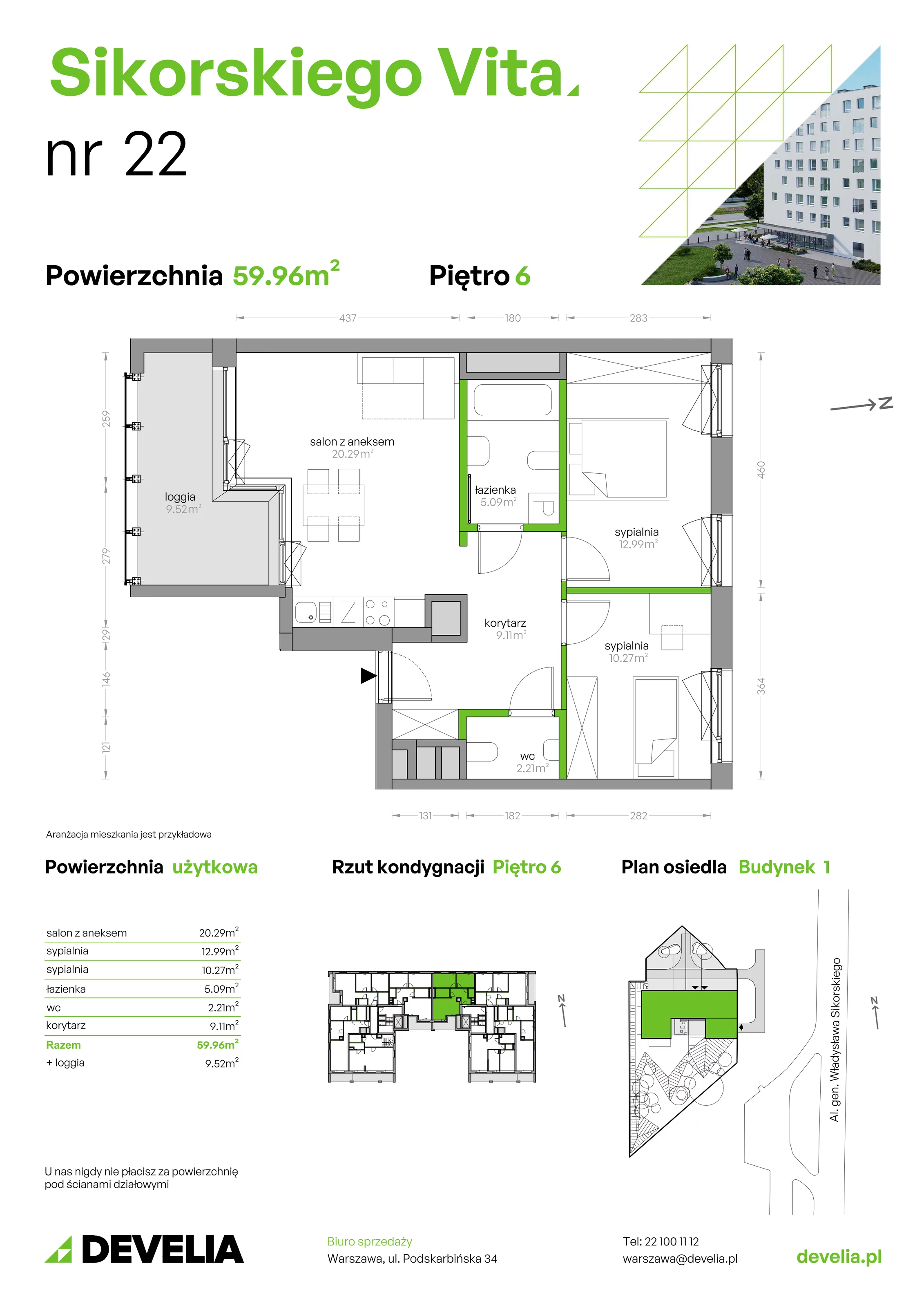 3 pokoje, mieszkanie 59,96 m², piętro 6, oferta nr SV/22, Sikorskiego Vita, Warszawa, Mokotów, Stegny, al. Gen. Władysława Sikorskiego 7