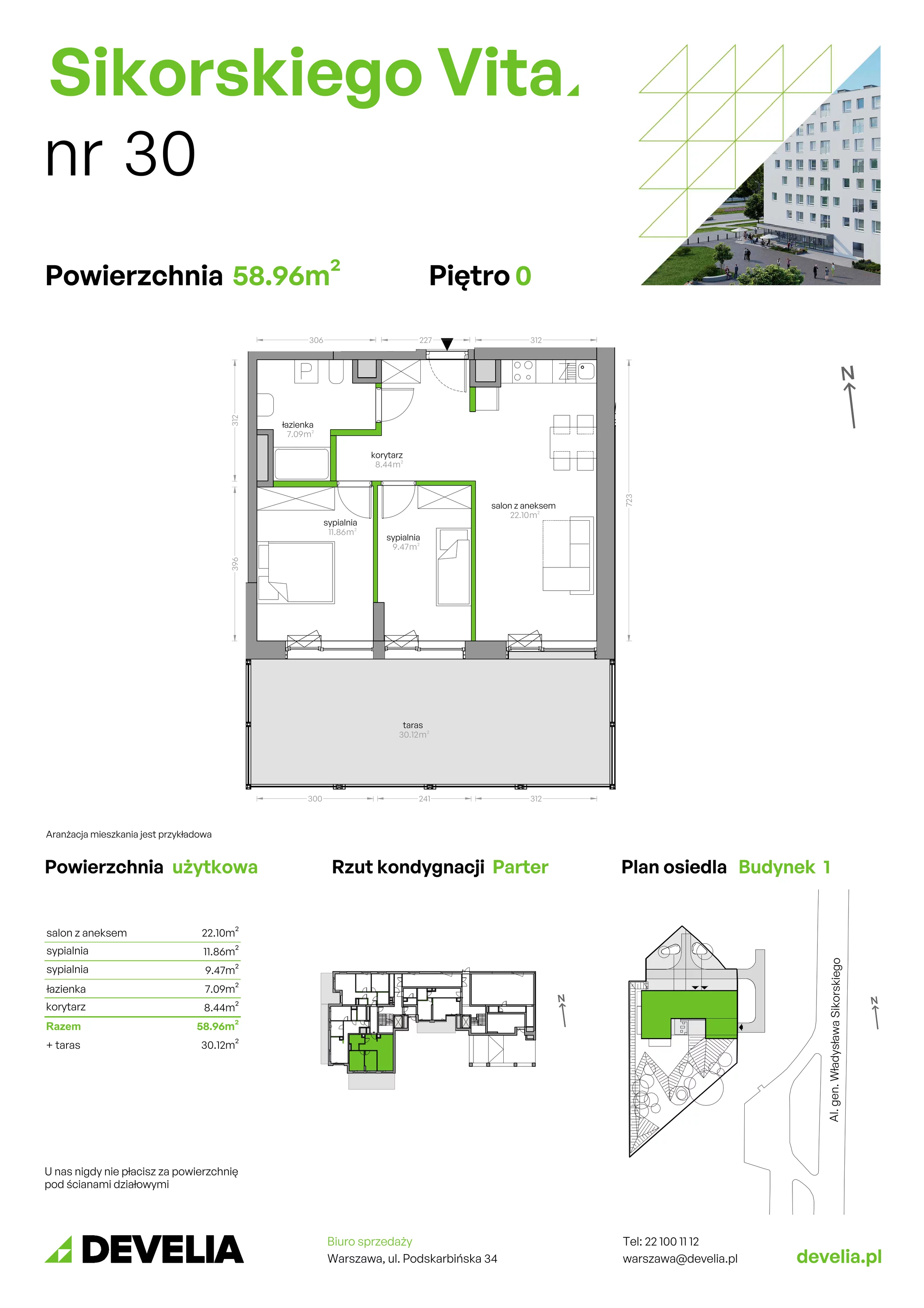 3 pokoje, mieszkanie 58,96 m², parter, oferta nr SV/30, Sikorskiego Vita, Warszawa, Mokotów, Stegny, al. Gen. Władysława Sikorskiego 7