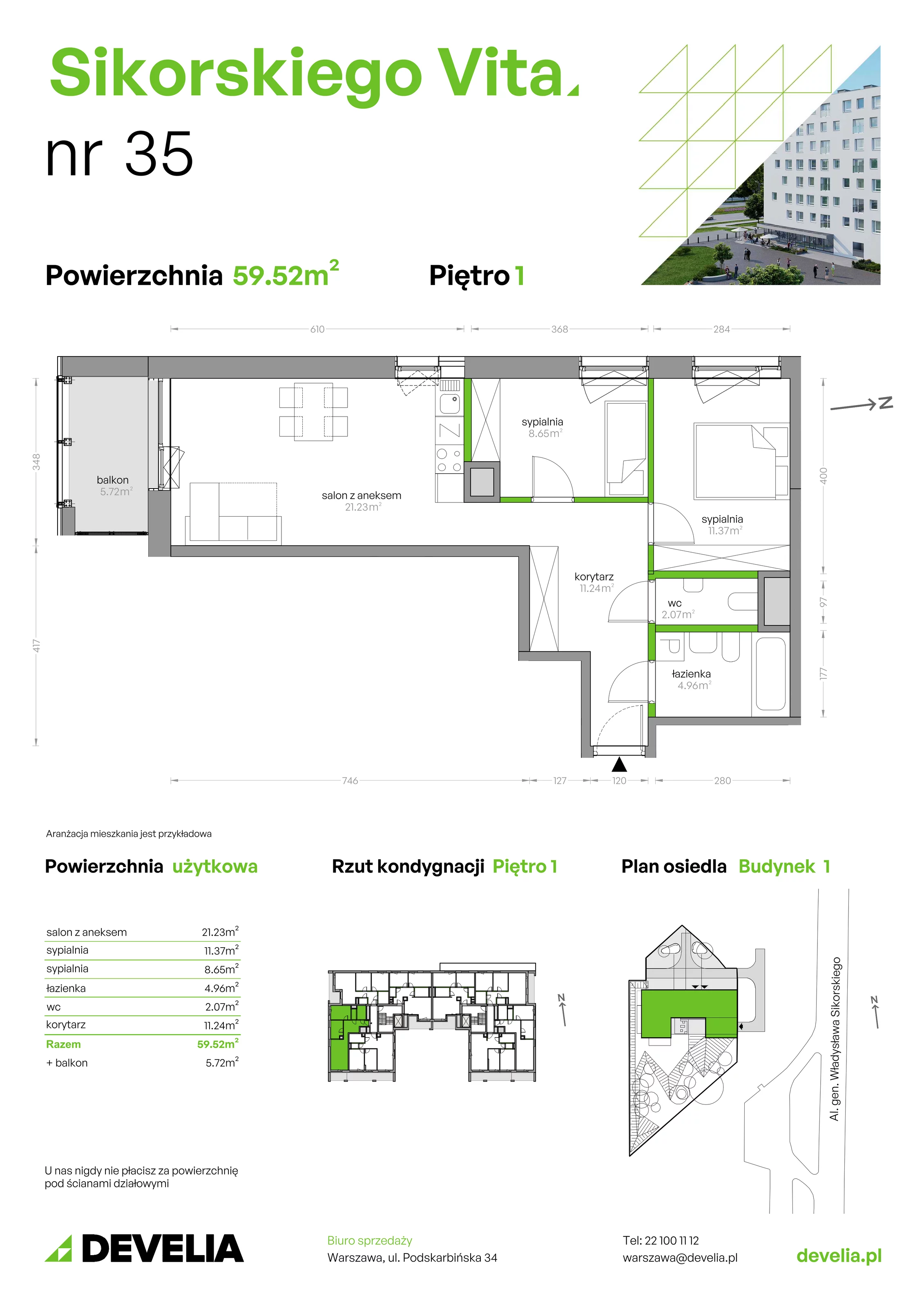 3 pokoje, mieszkanie 59,52 m², piętro 1, oferta nr SV/35, Sikorskiego Vita, Warszawa, Mokotów, Stegny, al. Gen. Władysława Sikorskiego 7