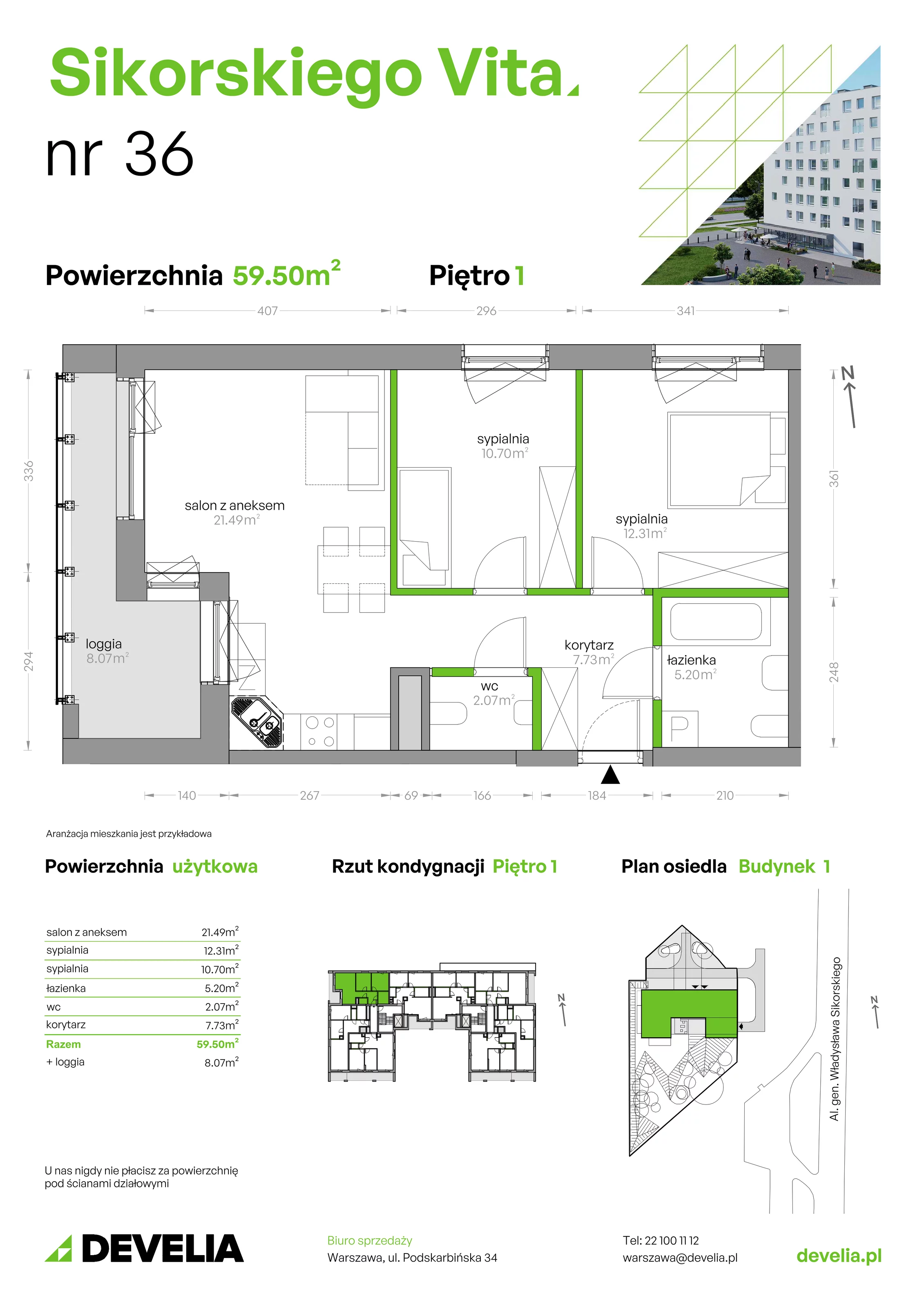 3 pokoje, mieszkanie 59,50 m², piętro 1, oferta nr SV/36, Sikorskiego Vita, Warszawa, Mokotów, Stegny, al. Gen. Władysława Sikorskiego 7