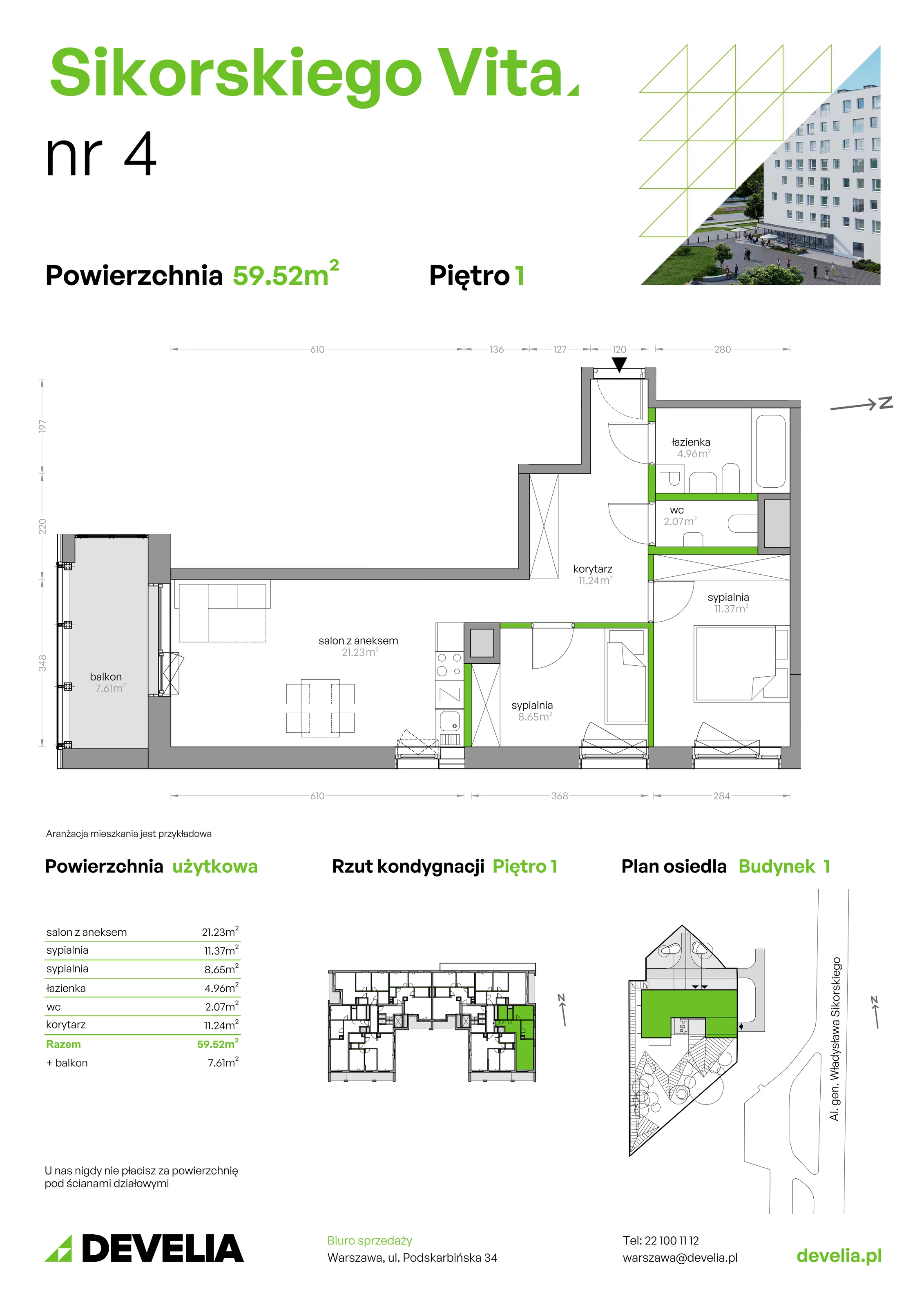 3 pokoje, mieszkanie 59,52 m², piętro 1, oferta nr SV/04, Sikorskiego Vita, Warszawa, Mokotów, Stegny, al. Gen. Władysława Sikorskiego 7