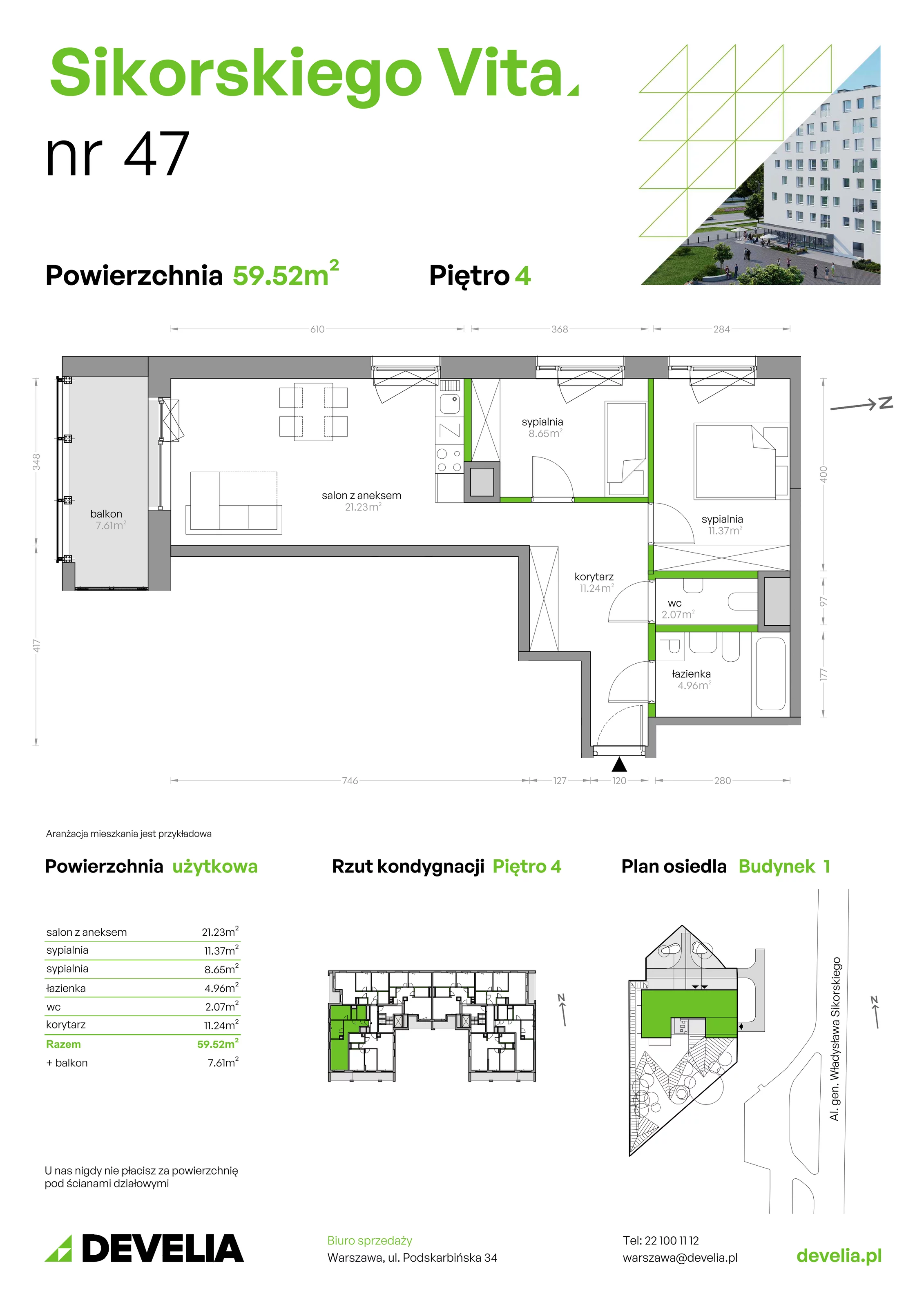 3 pokoje, mieszkanie 59,52 m², piętro 4, oferta nr SV/47, Sikorskiego Vita, Warszawa, Mokotów, Stegny, al. Gen. Władysława Sikorskiego 7