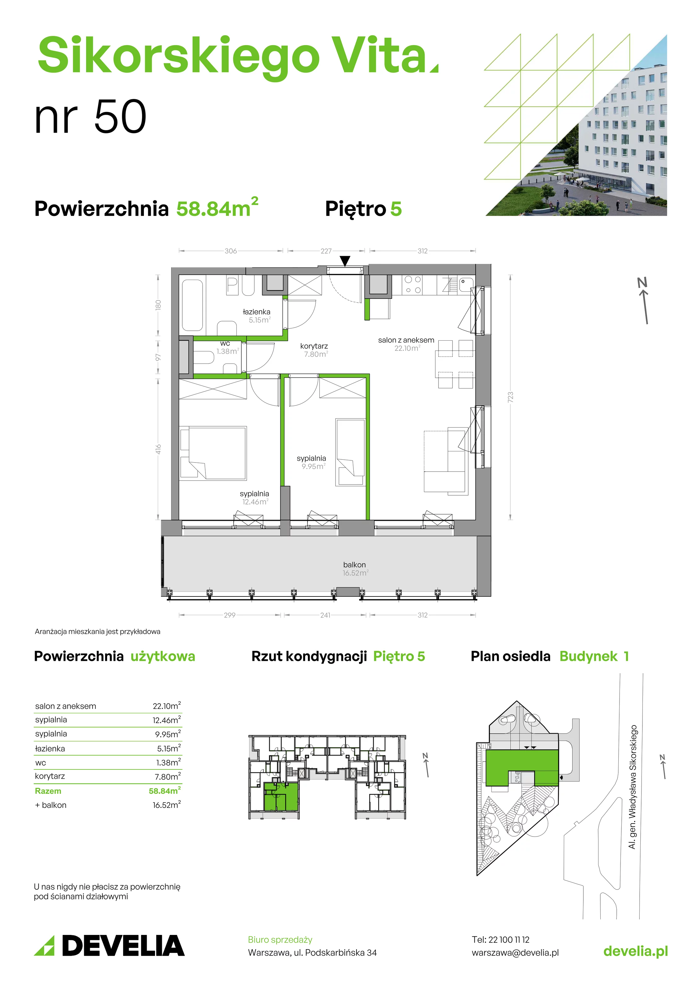 3 pokoje, mieszkanie 58,84 m², piętro 5, oferta nr SV/50, Sikorskiego Vita, Warszawa, Mokotów, Stegny, al. Gen. Władysława Sikorskiego 7