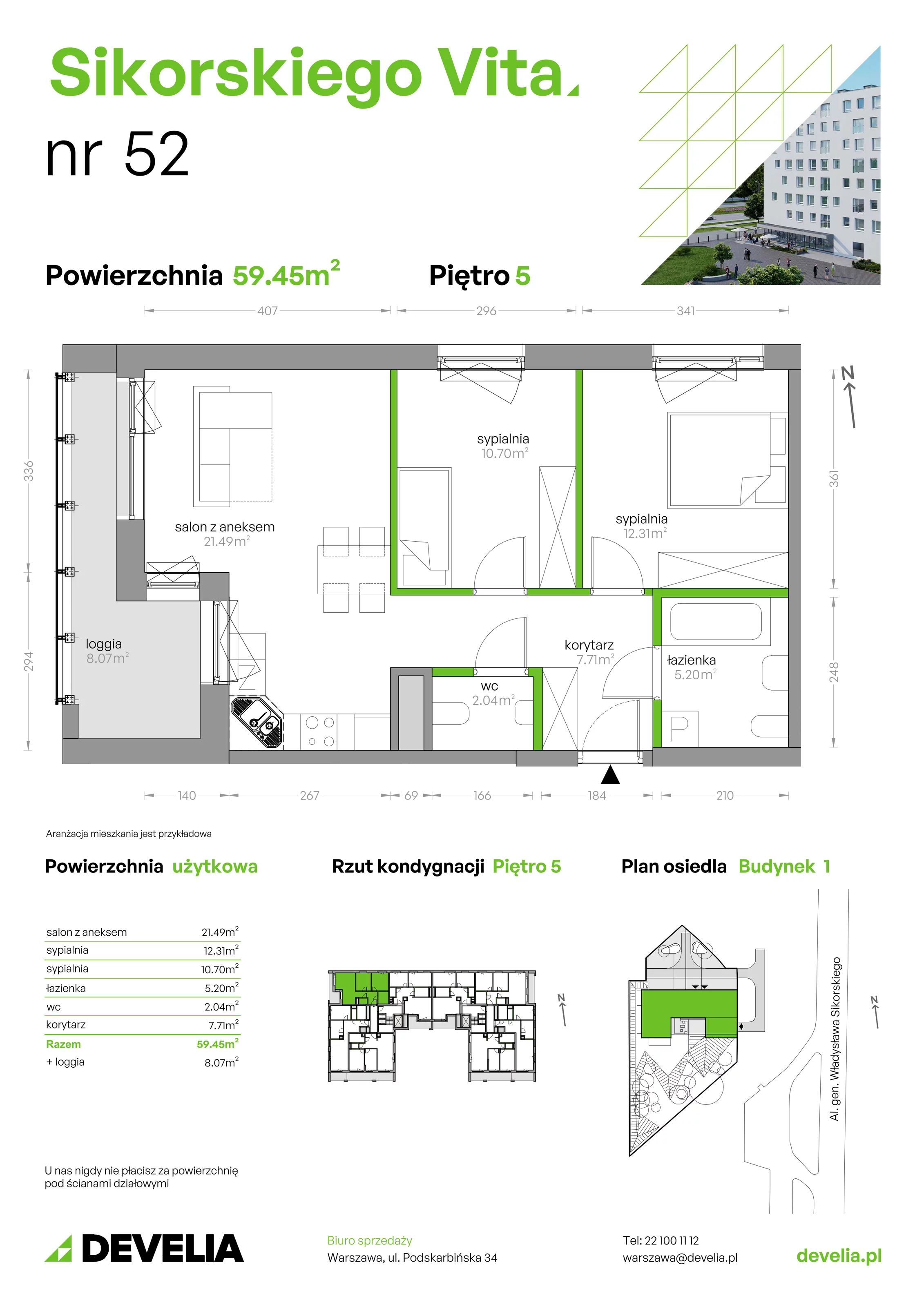 3 pokoje, mieszkanie 59,45 m², piętro 5, oferta nr SV/52, Sikorskiego Vita, Warszawa, Mokotów, Stegny, al. Gen. Władysława Sikorskiego 7