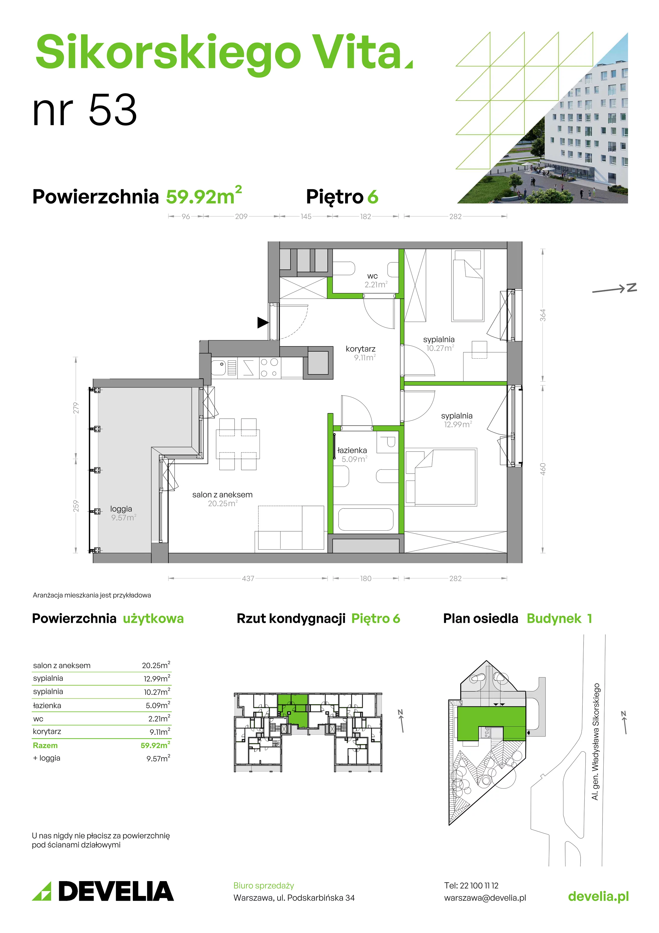 3 pokoje, mieszkanie 59,92 m², piętro 6, oferta nr SV/53, Sikorskiego Vita, Warszawa, Mokotów, Stegny, al. Gen. Władysława Sikorskiego 7