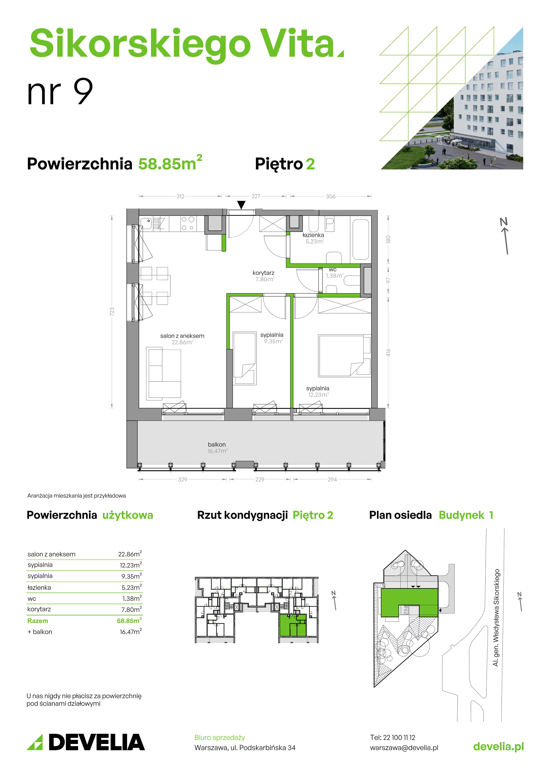 3 pokoje, mieszkanie 58,85 m², piętro 2, oferta nr SV/09, Sikorskiego Vita, Warszawa, Mokotów, Stegny, al. Gen. Władysława Sikorskiego 7