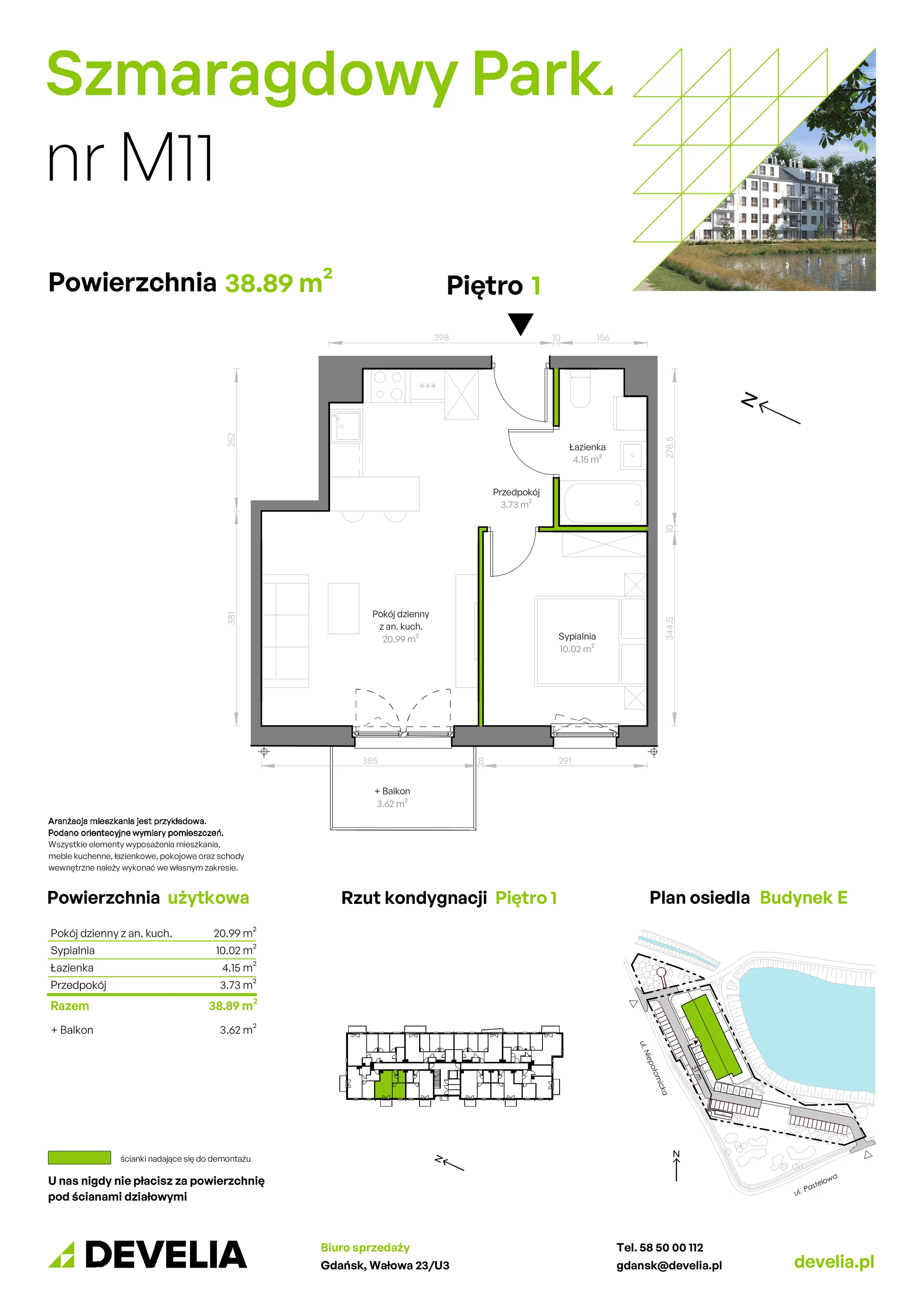 Mieszkanie 38,89 m², piętro 1, oferta nr E/011, Szmaragdowy Park, Gdańsk, Orunia Górna-Gdańsk Południe, Łostowice, ul. Topazowa 2