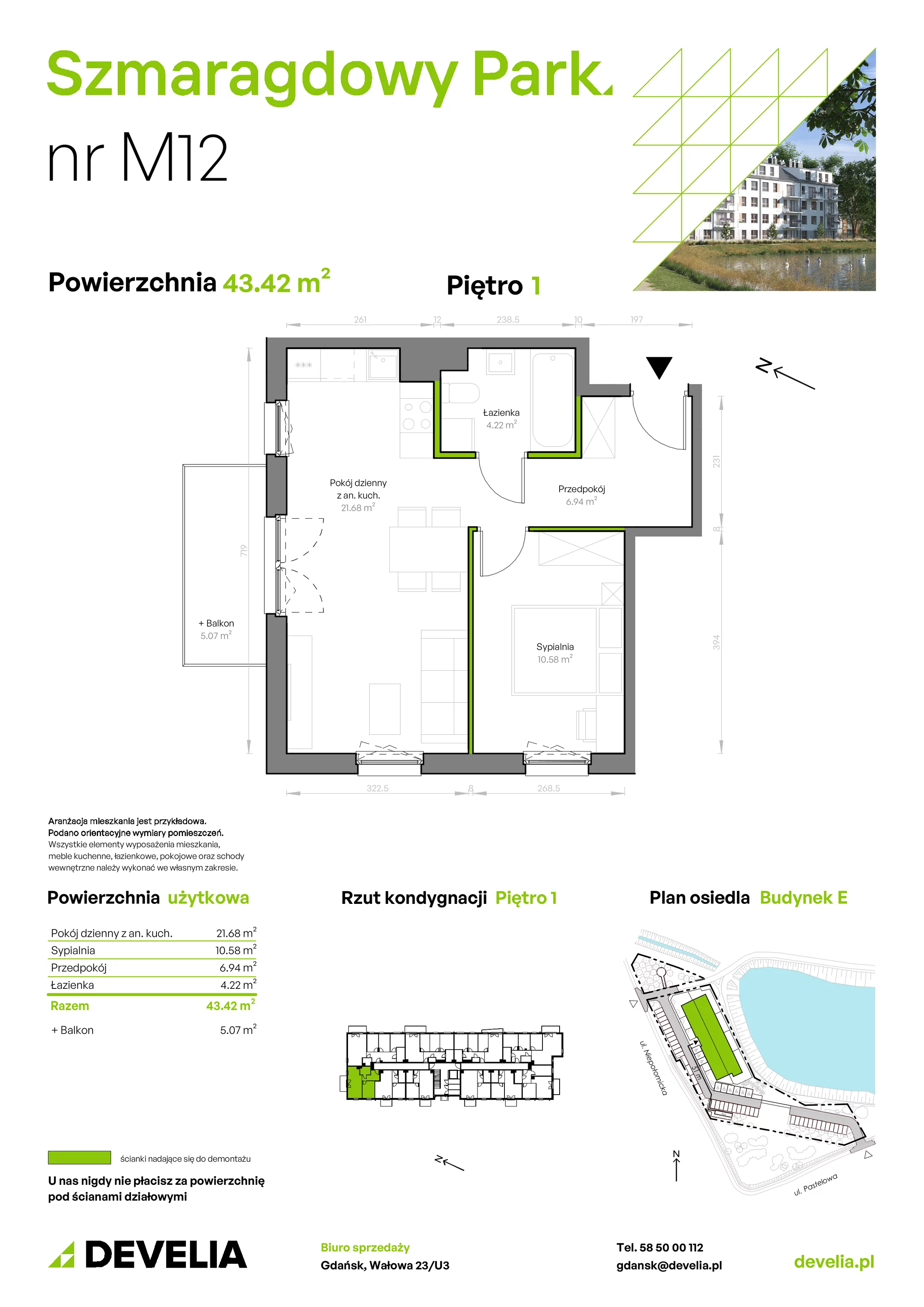 Mieszkanie 43,42 m², piętro 1, oferta nr E/012, Szmaragdowy Park, Gdańsk, Orunia Górna-Gdańsk Południe, Łostowice, ul. Topazowa 2