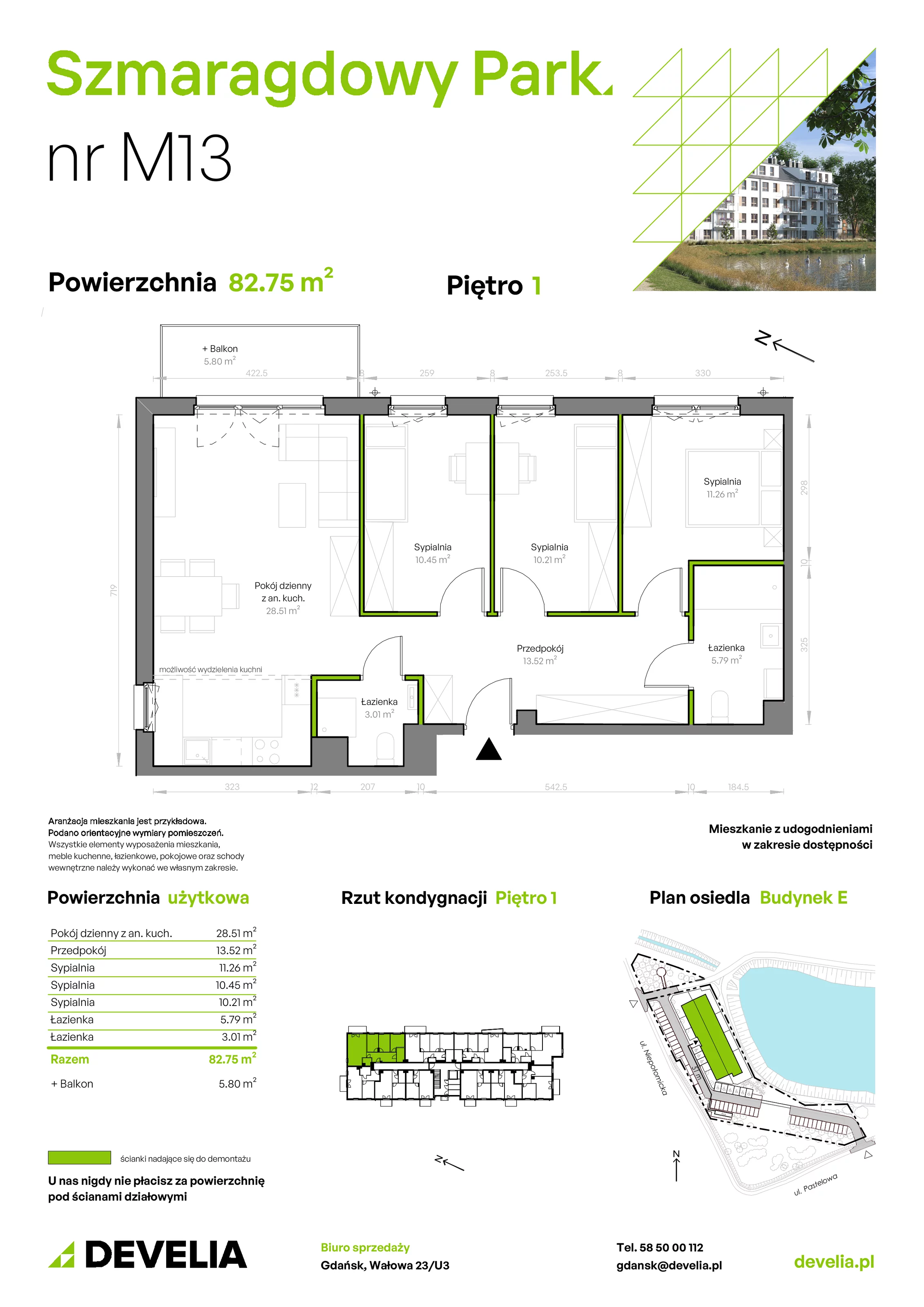 Mieszkanie 82,75 m², piętro 1, oferta nr E/013, Szmaragdowy Park, Gdańsk, Orunia Górna-Gdańsk Południe, Łostowice, ul. Topazowa 2