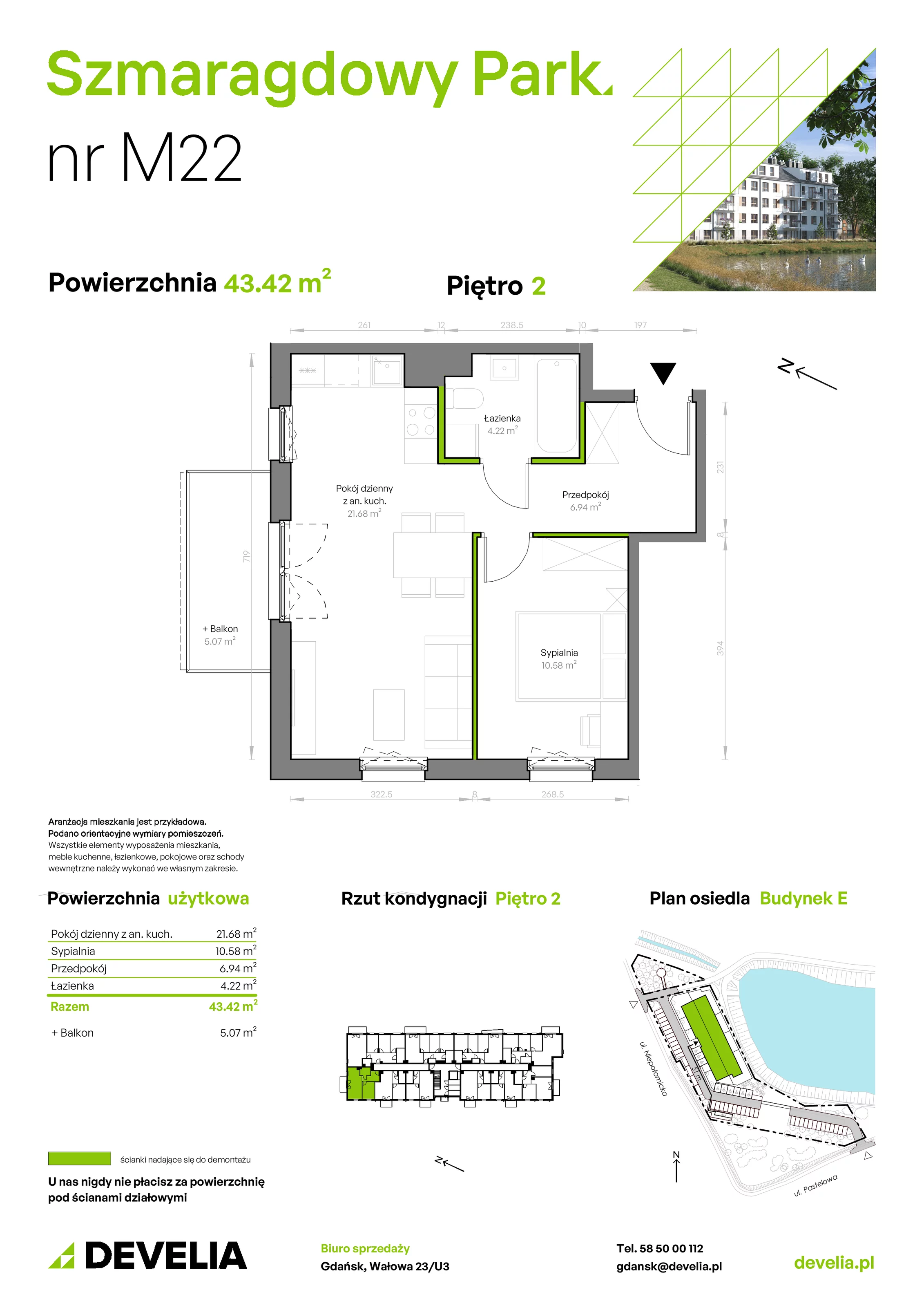 Mieszkanie 43,42 m², piętro 2, oferta nr E/022, Szmaragdowy Park, Gdańsk, Orunia Górna-Gdańsk Południe, Łostowice, ul. Topazowa 2