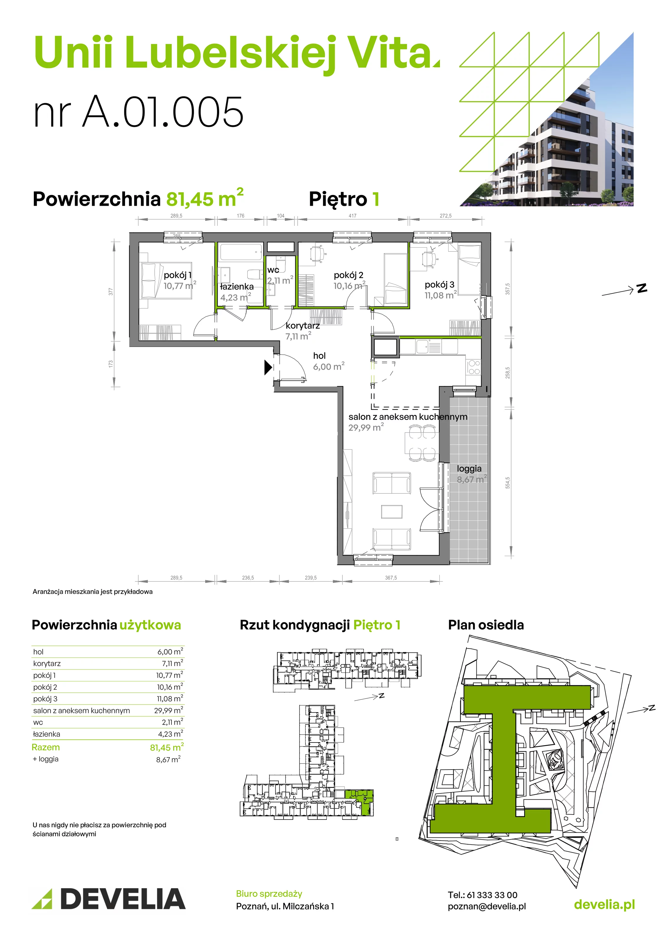 4 pokoje, mieszkanie 81,45 m², piętro 1, oferta nr A/01/005, Unii Lubelskiej Vita, Poznań, Nowe Miasto, Starołęka, ul. Unii Lubelskiej 10