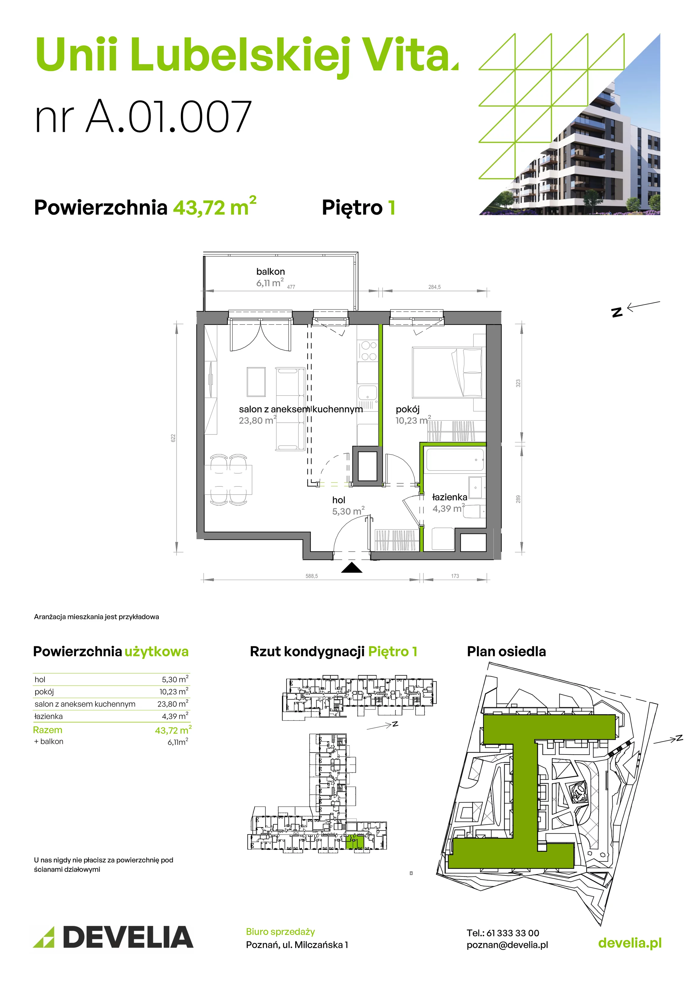2 pokoje, mieszkanie 43,72 m², piętro 1, oferta nr A/01/007, Unii Lubelskiej Vita, Poznań, Nowe Miasto, Starołęka, ul. Unii Lubelskiej 10