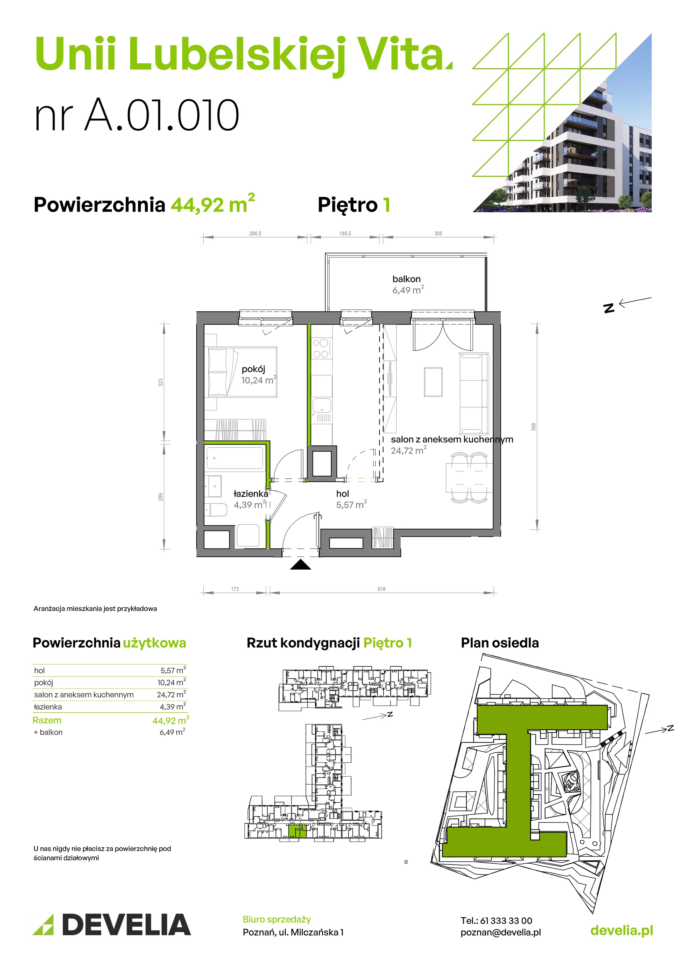 2 pokoje, mieszkanie 44,92 m², piętro 1, oferta nr A/01/010, Unii Lubelskiej Vita, Poznań, Nowe Miasto, Starołęka, ul. Unii Lubelskiej 10