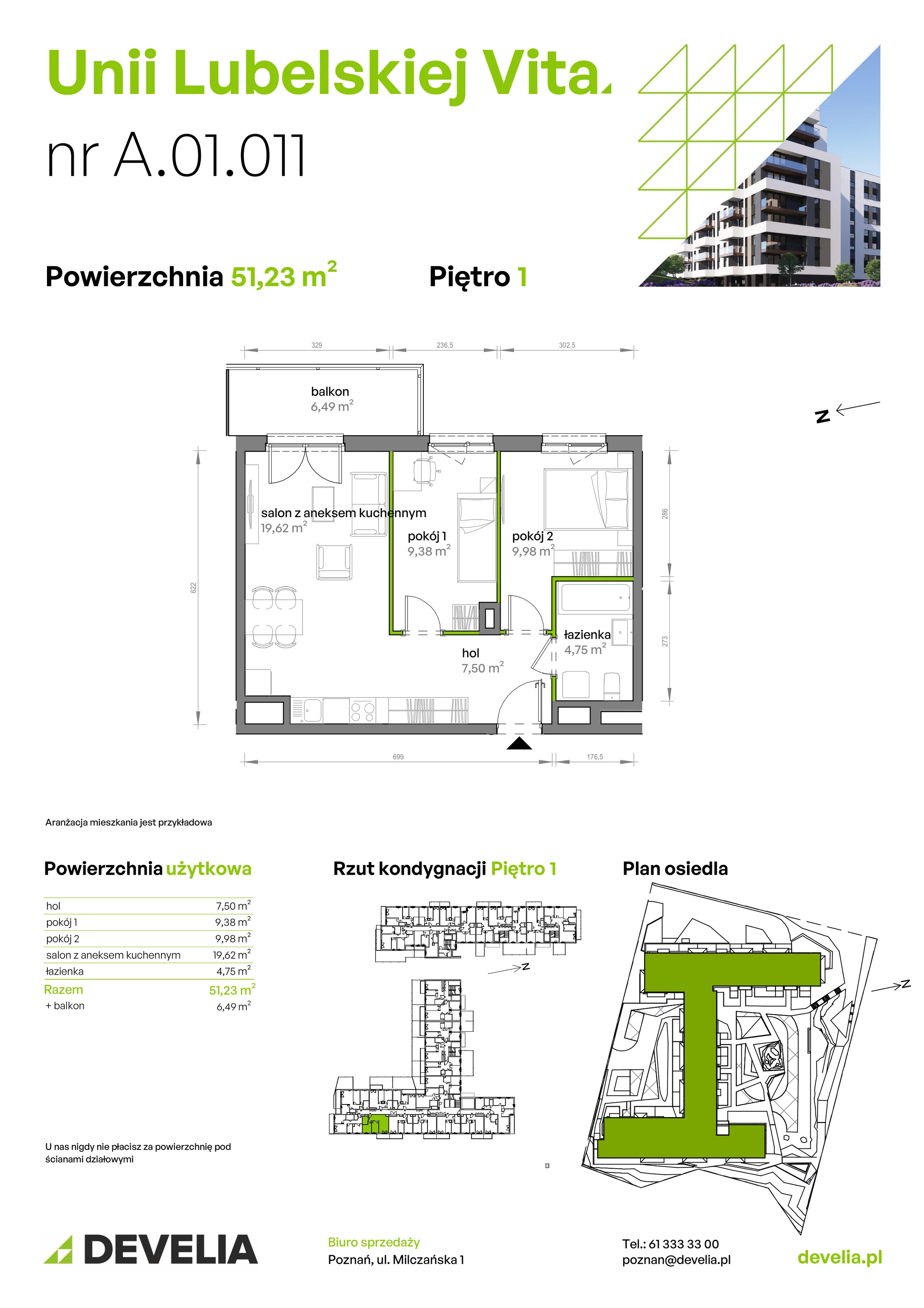 3 pokoje, mieszkanie 51,23 m², piętro 1, oferta nr A/01/011, Unii Lubelskiej Vita, Poznań, Nowe Miasto, Starołęka, ul. Unii Lubelskiej 10