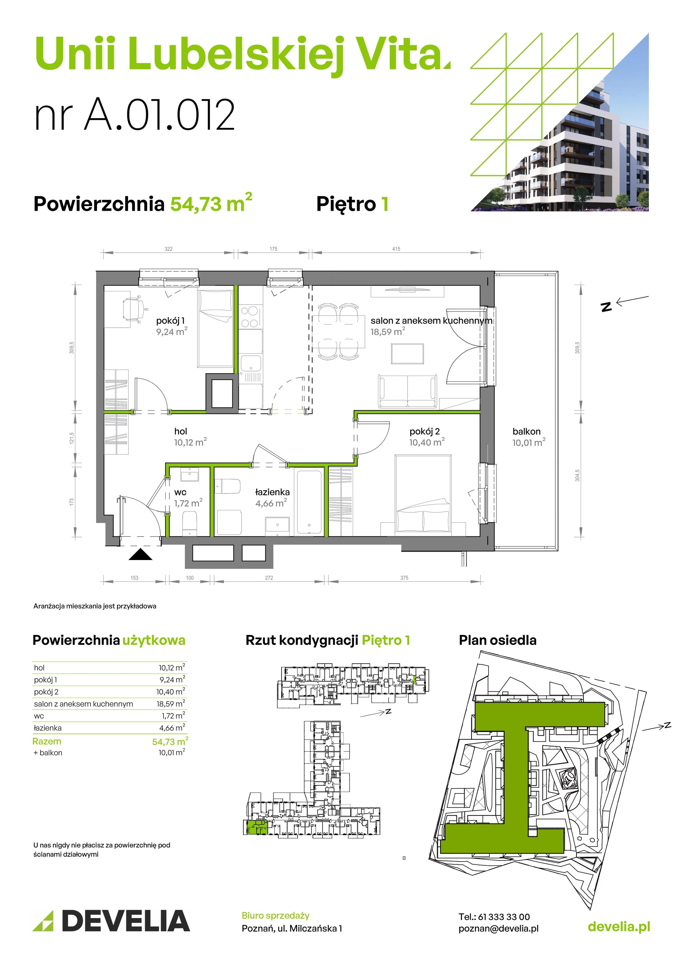 3 pokoje, mieszkanie 54,73 m², piętro 1, oferta nr A/01/012, Unii Lubelskiej Vita, Poznań, Nowe Miasto, Starołęka, ul. Unii Lubelskiej 10