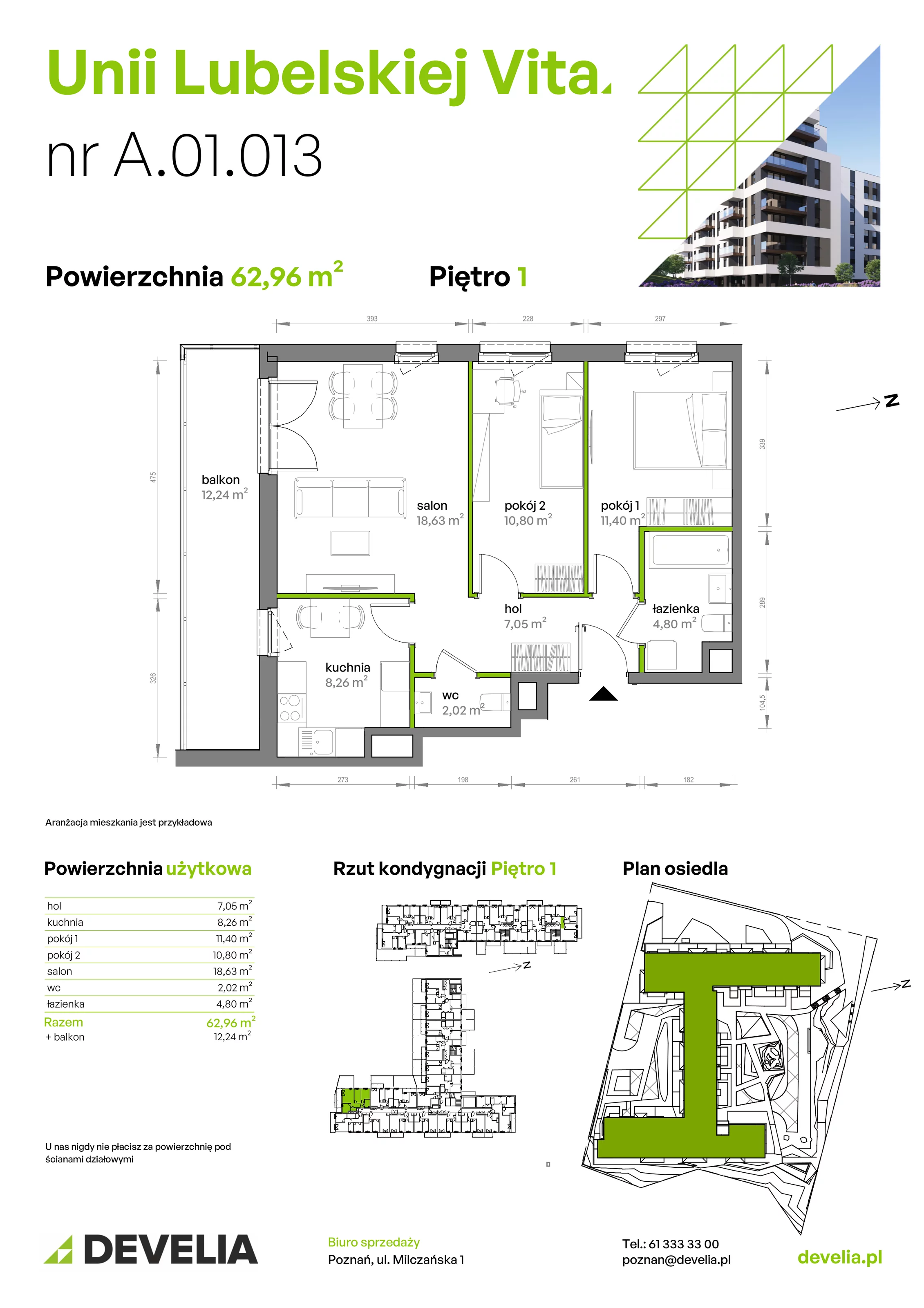 3 pokoje, mieszkanie 62,96 m², piętro 1, oferta nr A/01/013, Unii Lubelskiej Vita, Poznań, Nowe Miasto, Starołęka, ul. Unii Lubelskiej 10