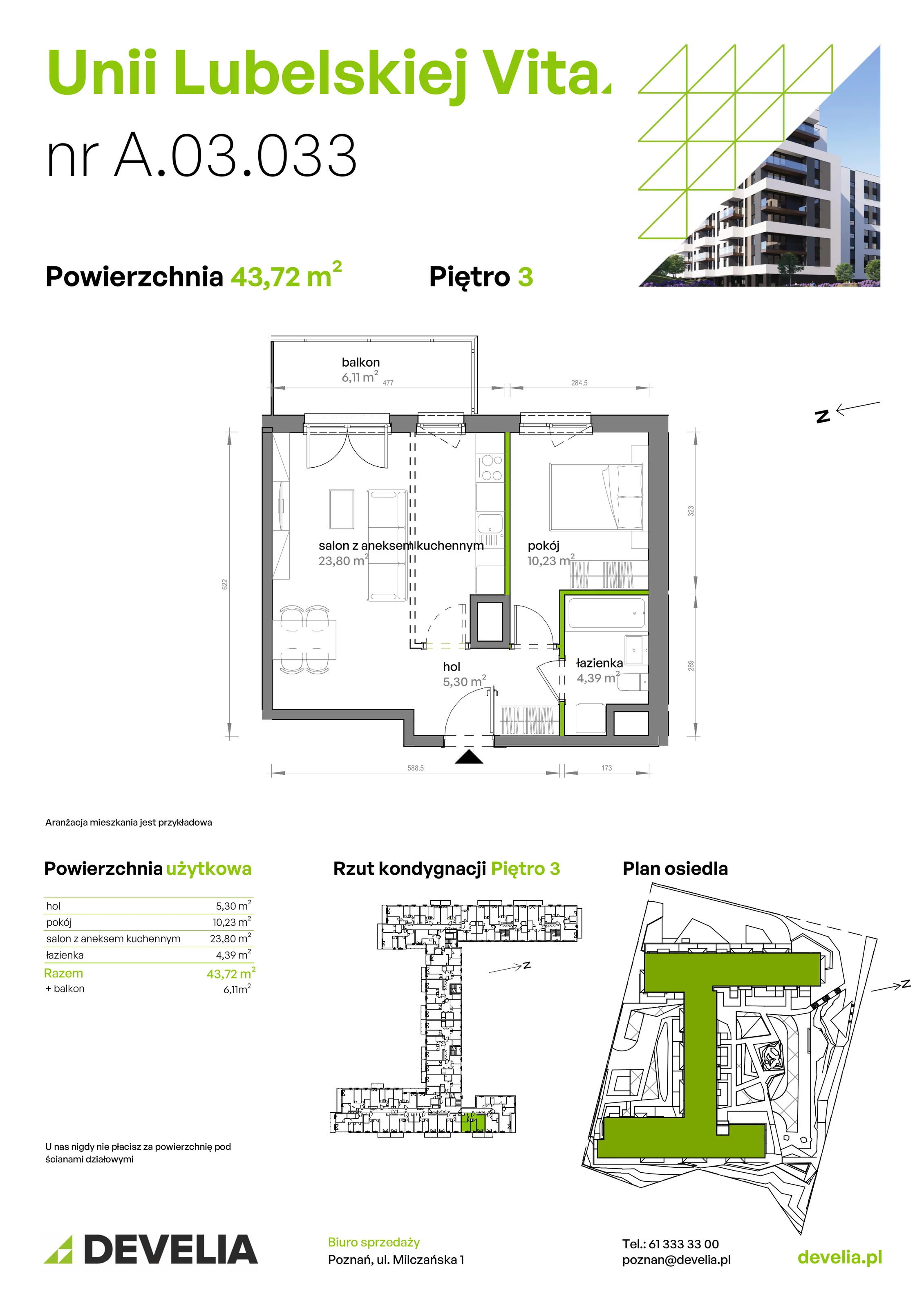 2 pokoje, mieszkanie 43,72 m², piętro 3, oferta nr A/03/033, Unii Lubelskiej Vita, Poznań, Nowe Miasto, Starołęka, ul. Unii Lubelskiej 10