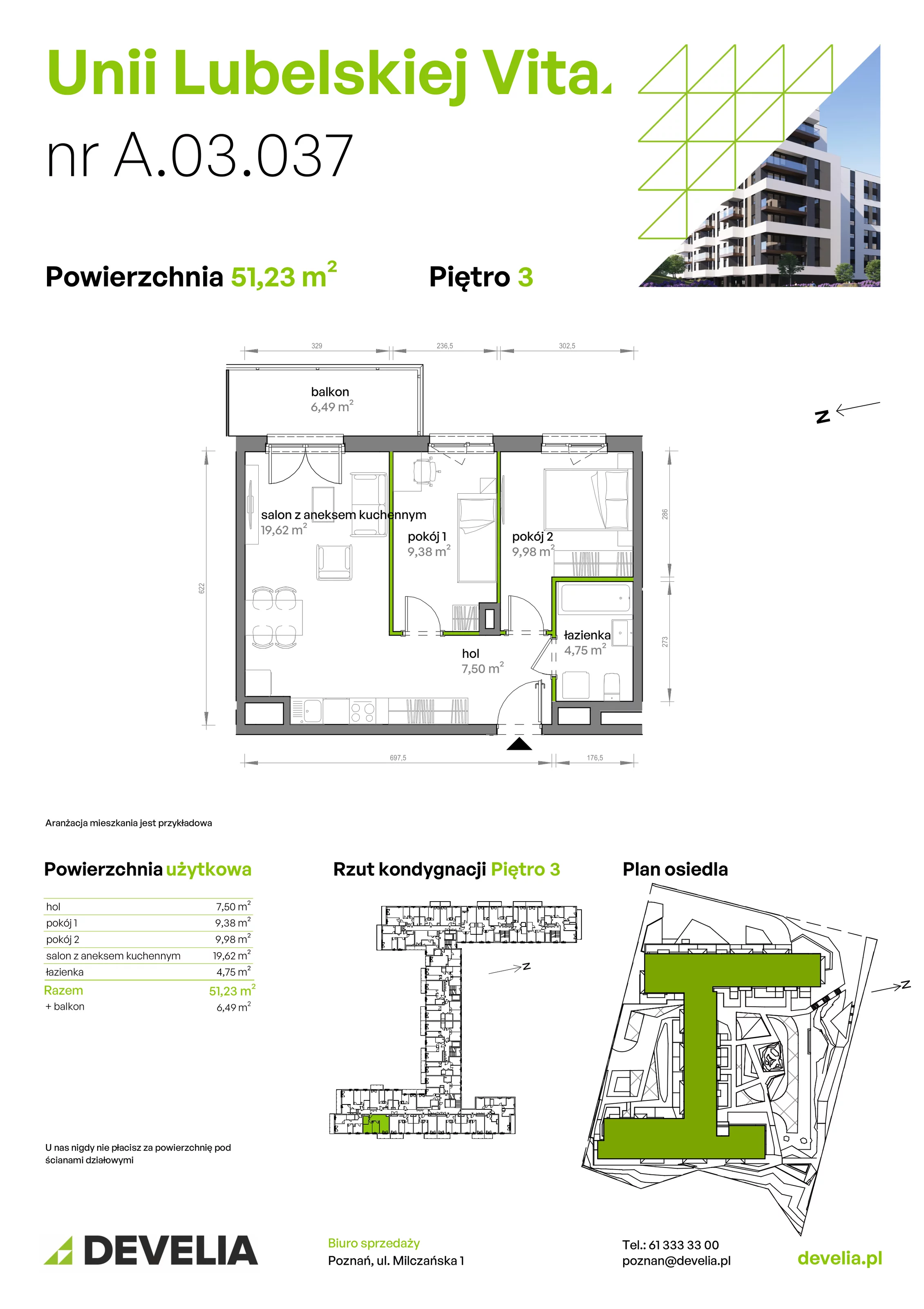 3 pokoje, mieszkanie 51,23 m², piętro 3, oferta nr A/03/037, Unii Lubelskiej Vita, Poznań, Nowe Miasto, Starołęka, ul. Unii Lubelskiej 10