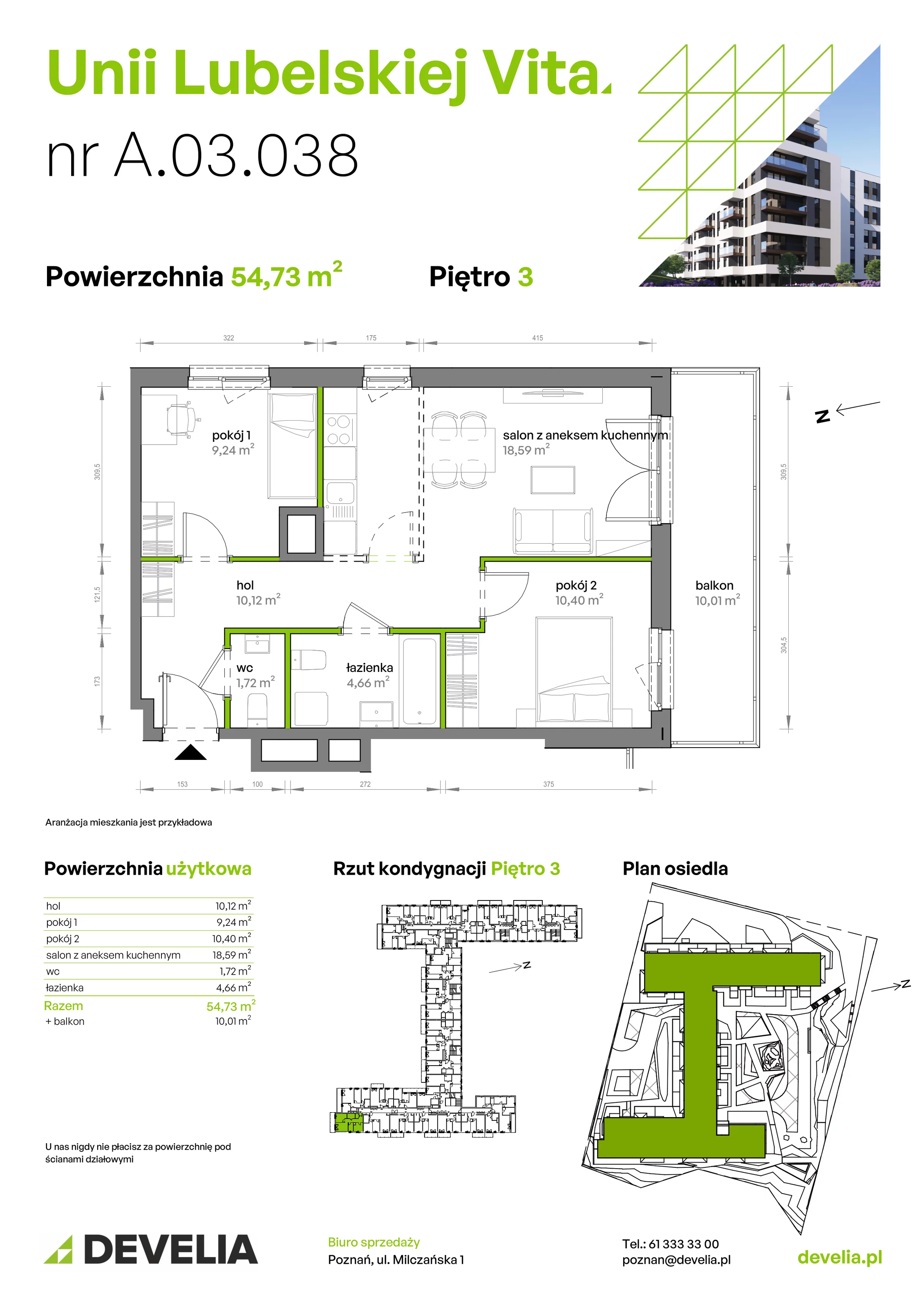 3 pokoje, mieszkanie 54,73 m², piętro 3, oferta nr A/03/038, Unii Lubelskiej Vita, Poznań, Nowe Miasto, Starołęka, ul. Unii Lubelskiej 10