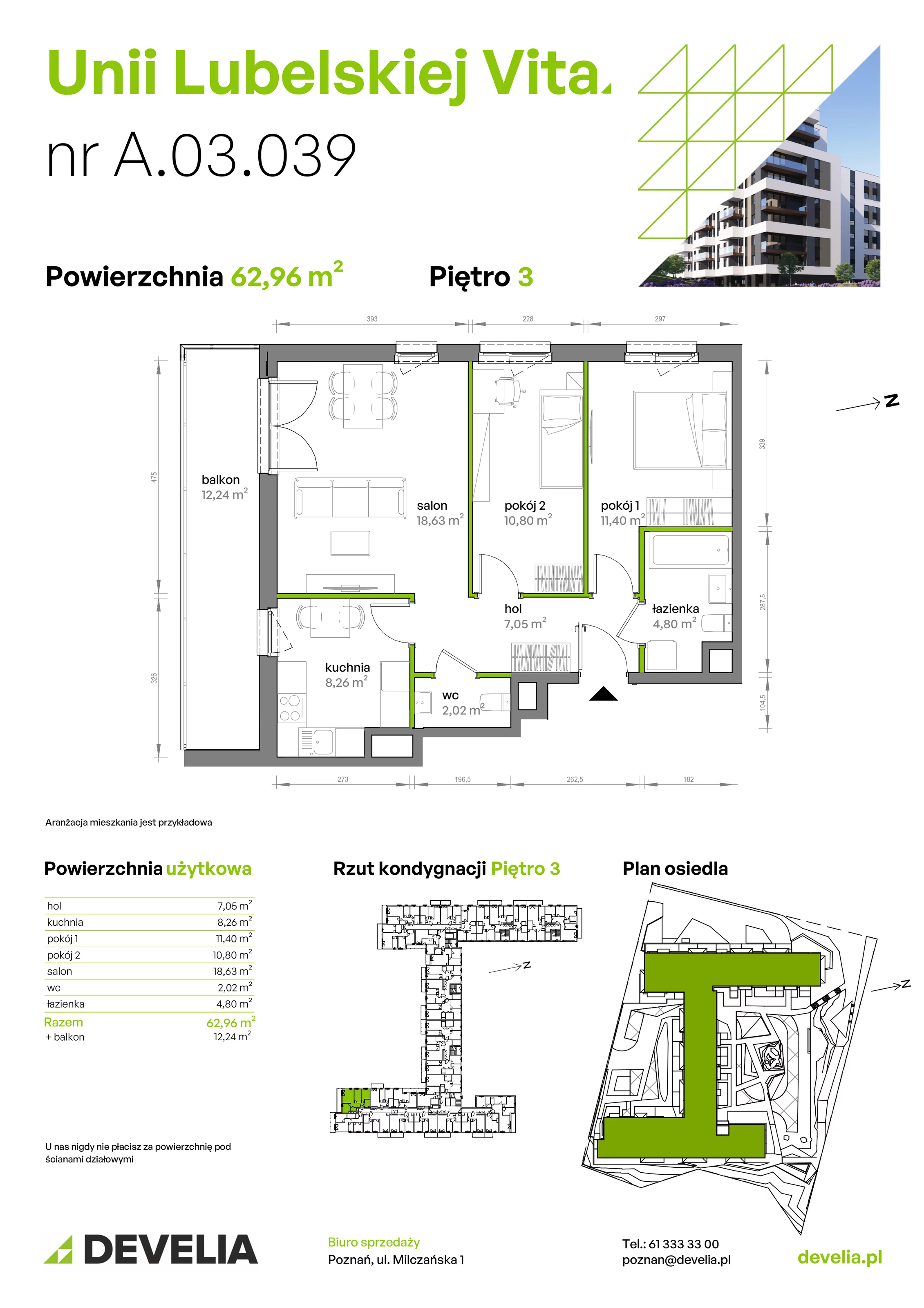 3 pokoje, mieszkanie 62,96 m², piętro 3, oferta nr A/03/039, Unii Lubelskiej Vita, Poznań, Nowe Miasto, Starołęka, ul. Unii Lubelskiej 10